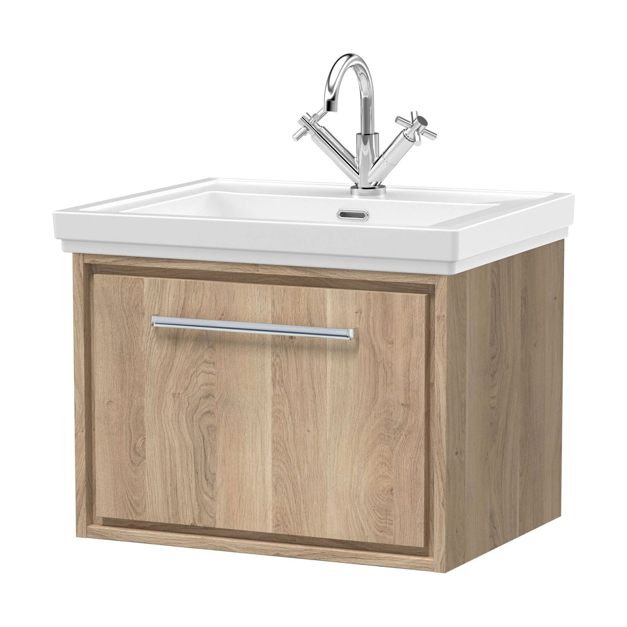 Longnor 1 Drawer Wall Hung Vanity Unit with 1 Tap Hole Traditional Fireclay Basin, Light Oak, 600mm
