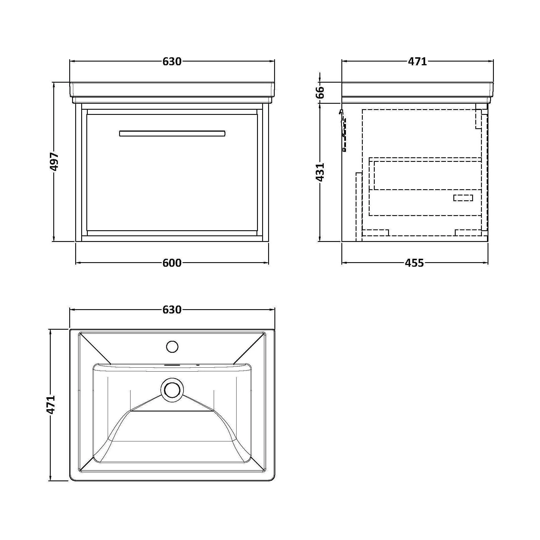 Longnor 1 Drawer Wall Hung Vanity Unit with 1 Tap Hole Traditional Fireclay Basin, Light Oak, 600mm - Image 2