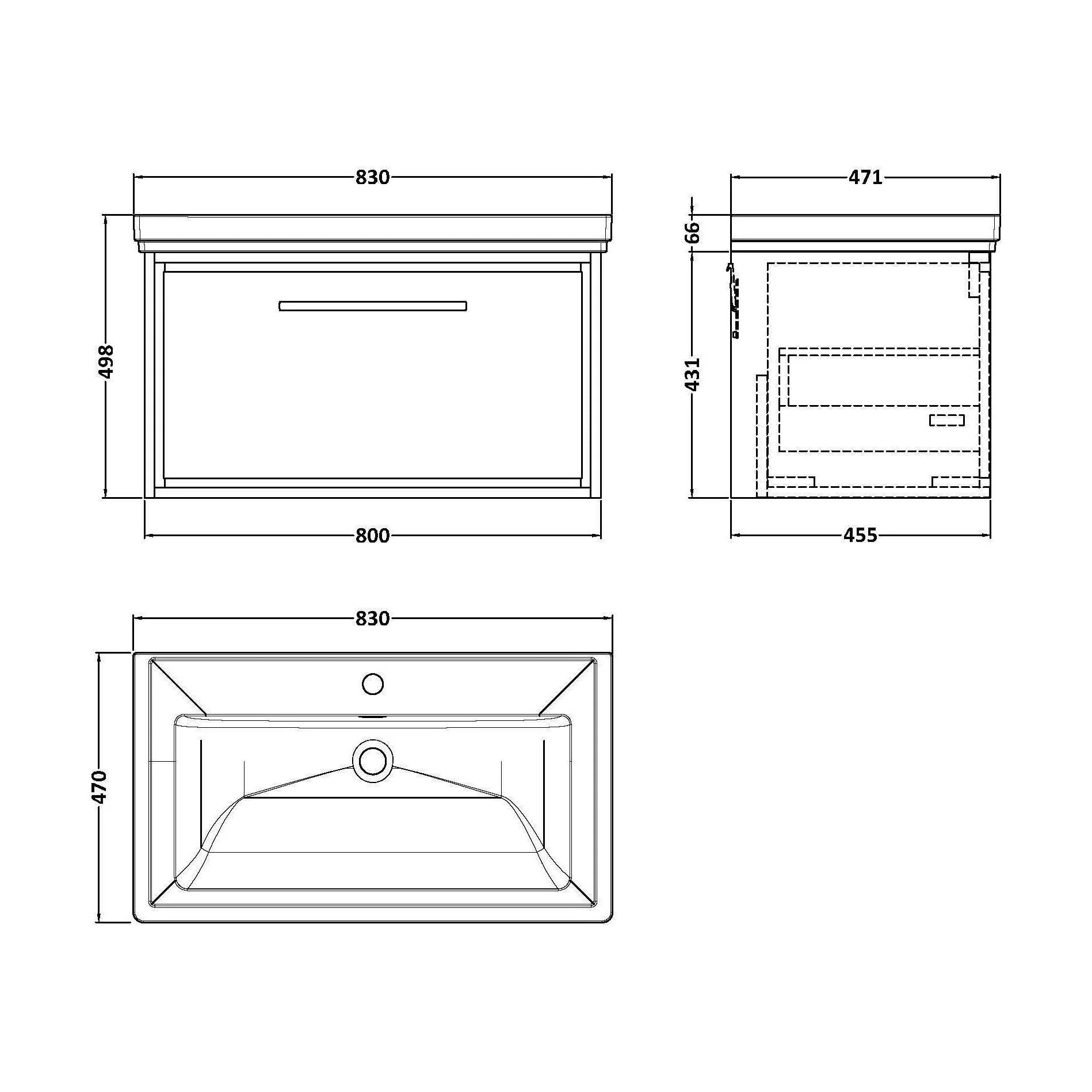 Longnor 1 Drawer Wall Hung Vanity Unit with 1 Tap Hole Traditional Fireclay Basin, Woodgrain Graphite Grey, 800mm - Image 2