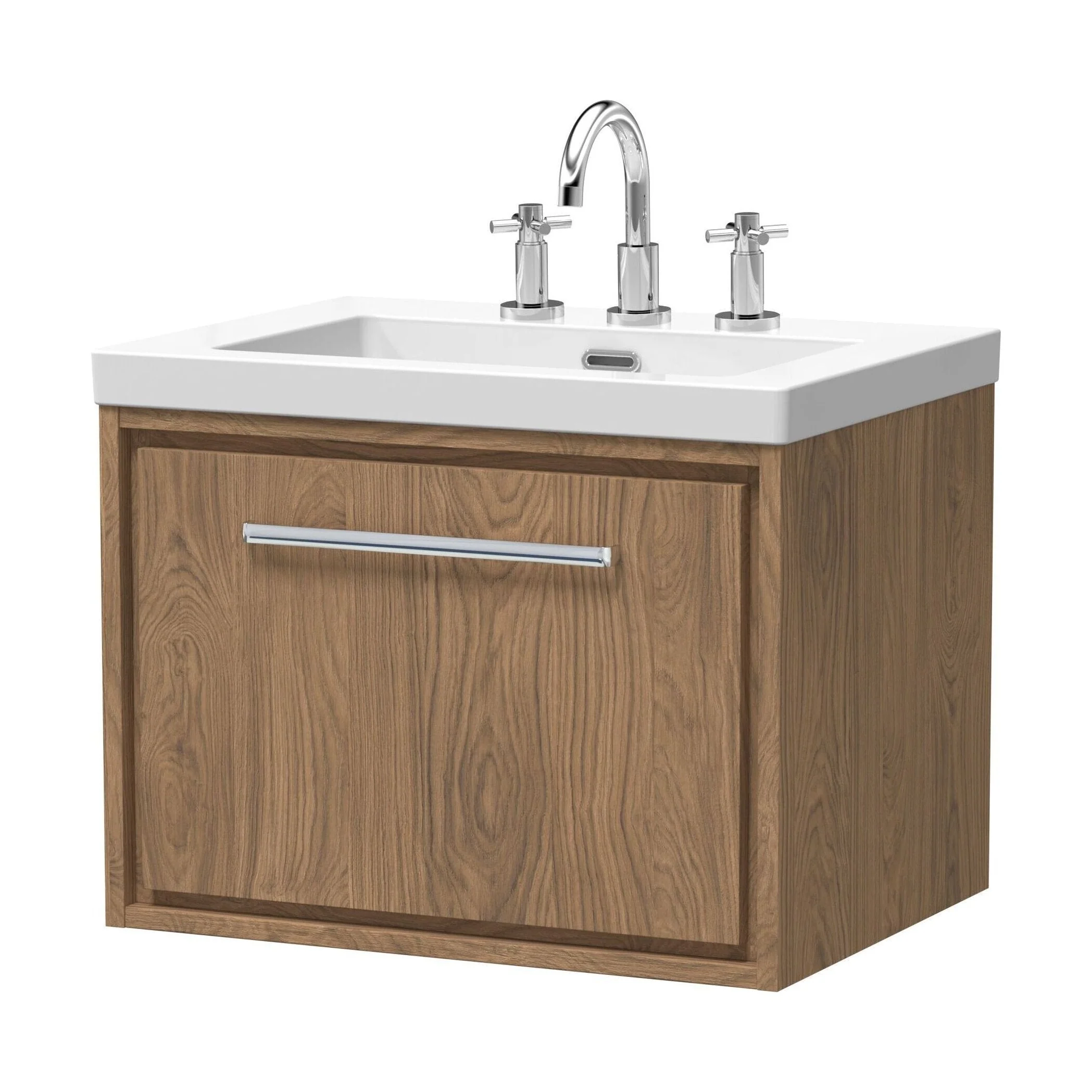 Longnor 1 Drawer Wall Hung Vanity Unit with 3 Tap Hole Modern Fireclay Basin, Antique Oak, 600mm