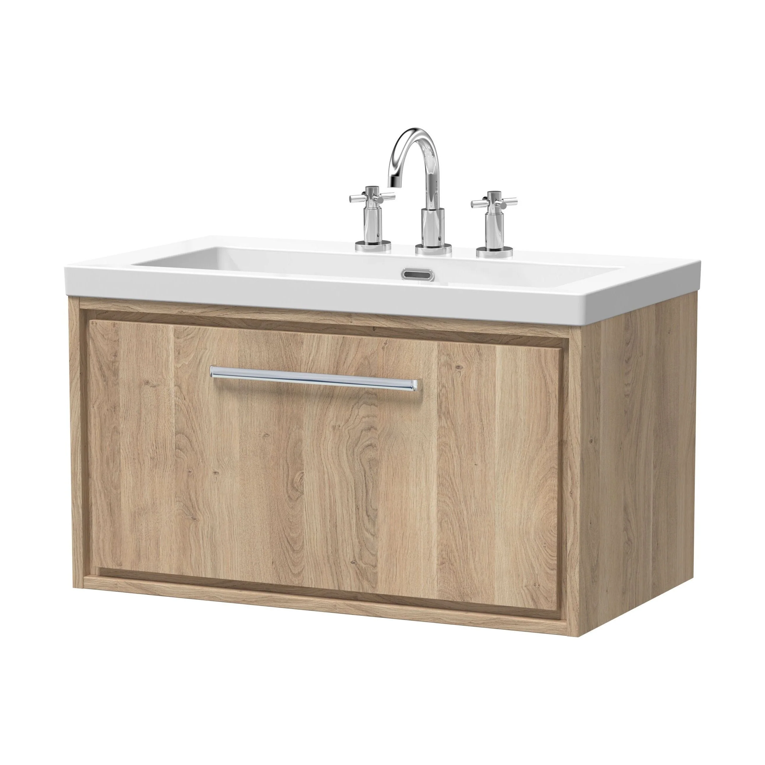 Longnor 1 Drawer Wall Hung Vanity Unit with 3 Tap Hole Modern Fireclay Basin, Light Oak, 800mm