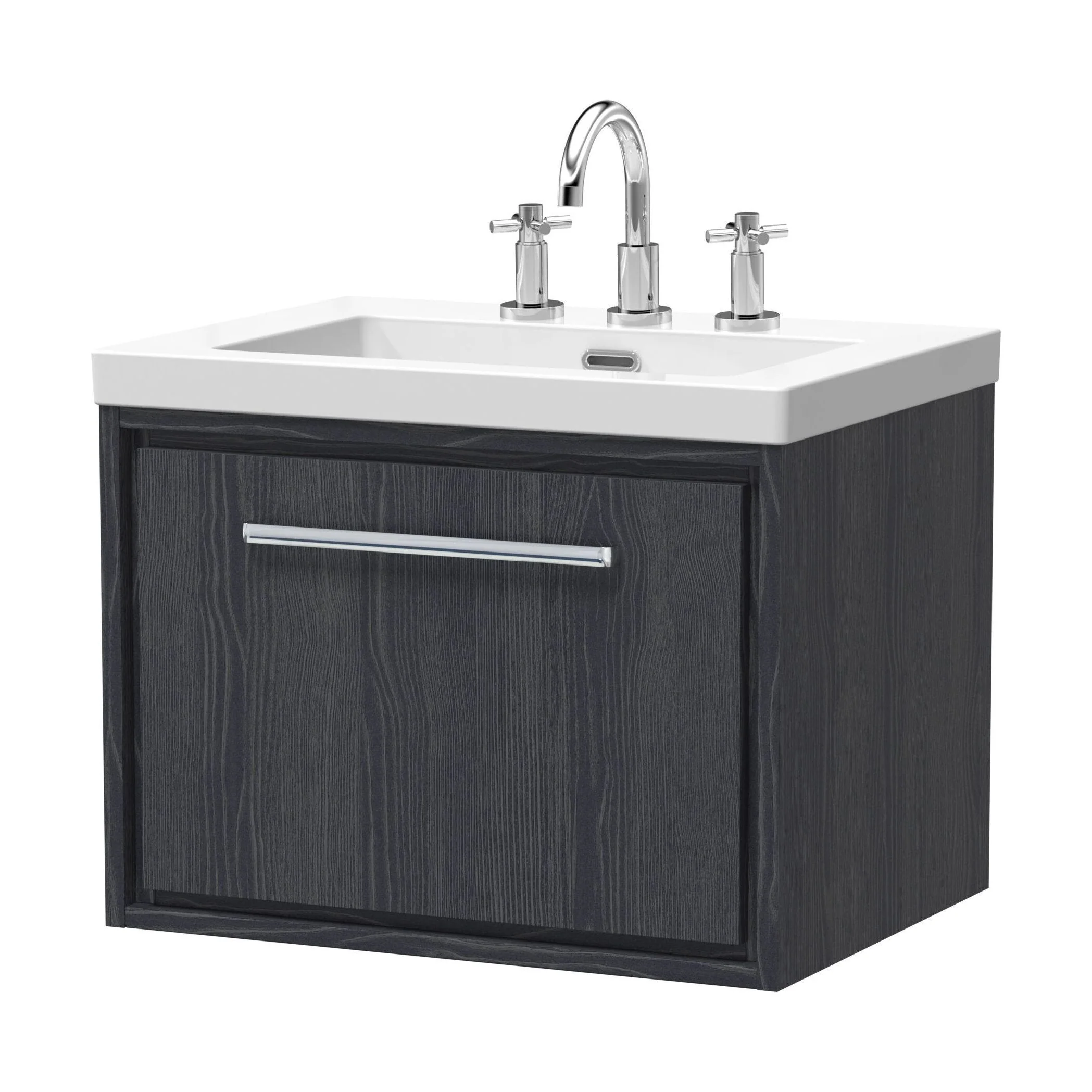 Longnor 1 Drawer Wall Hung Vanity Unit with 3 Tap Hole Modern Fireclay Basin, Woodgrain Graphite Grey, 600mm