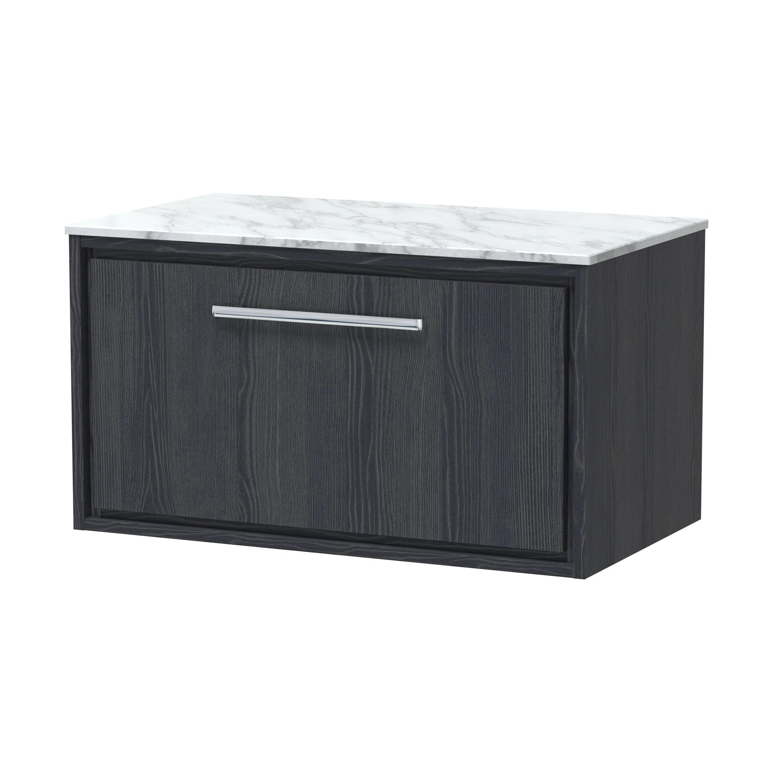 Longnor 1 Drawer Wall Hung Vanity Unit with Carrera Marble Worktop, Woodgrain Graphite Grey, 800mm