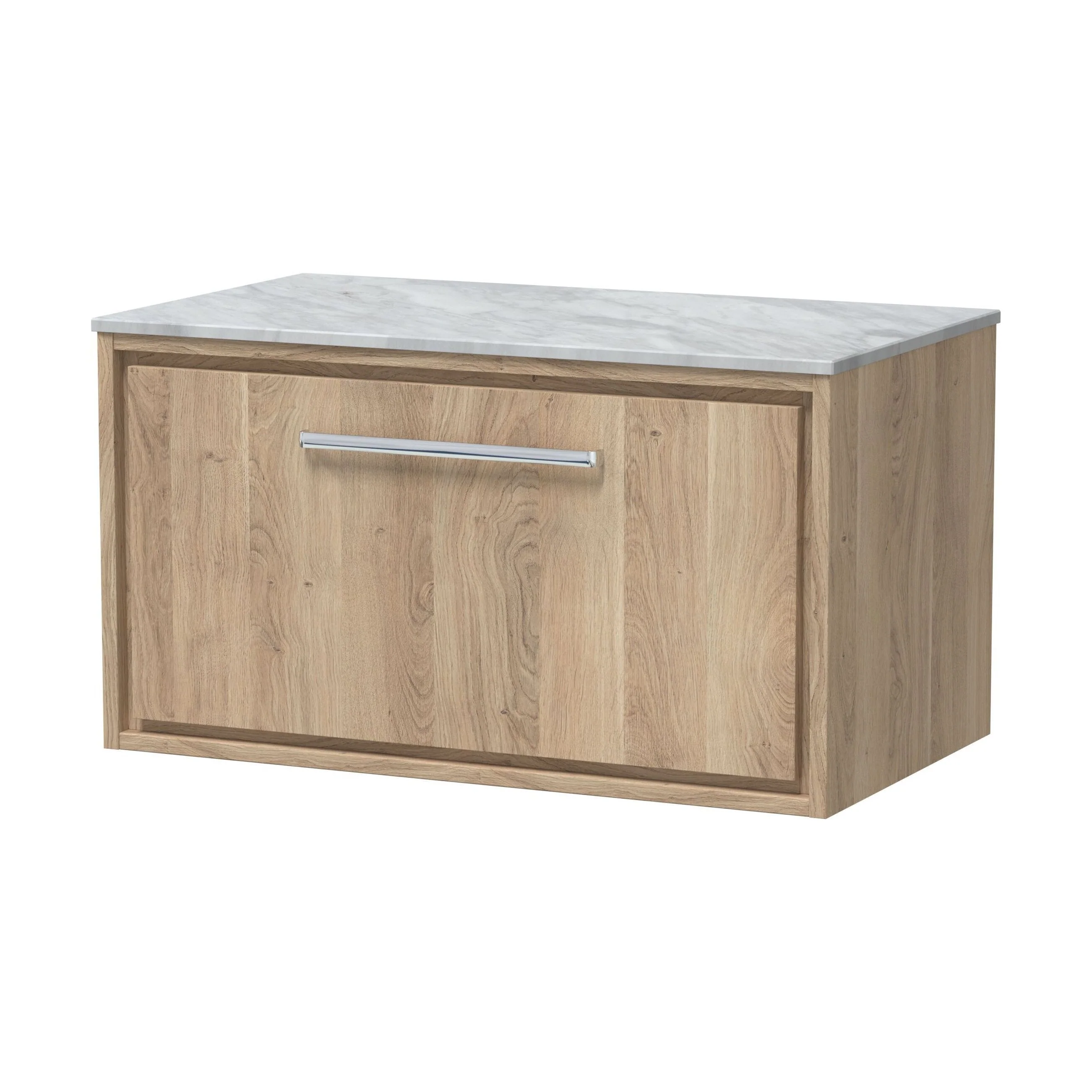Longnor 1 Drawer Wall Hung Vanity Unit with Grey Marble Worktop, Light Oak, 800mm