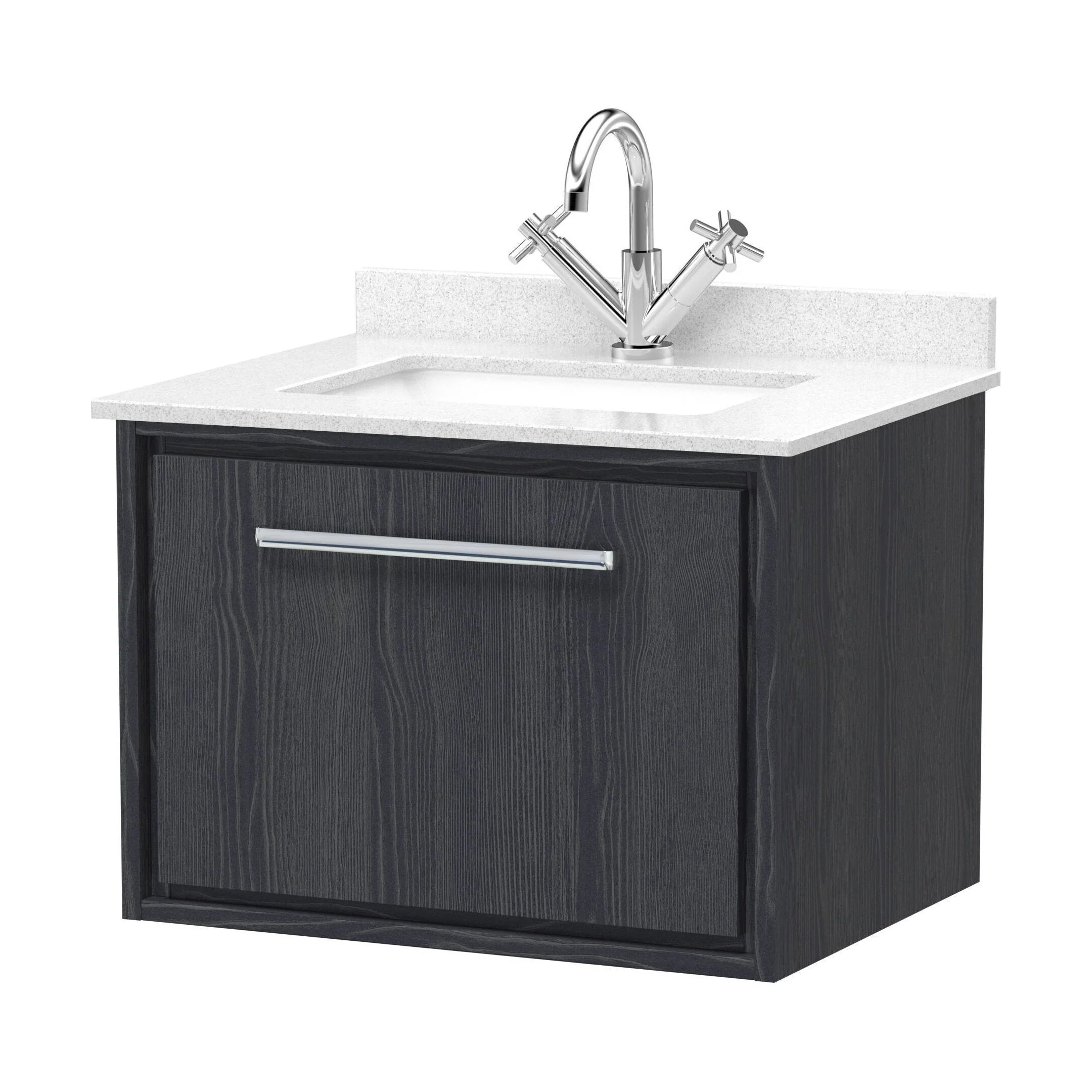 Longnor 1 Drawer Wall Hung Vanity Unit with Square Basin and Marble Worktop, Woodgrain Graphite Grey, 600mm