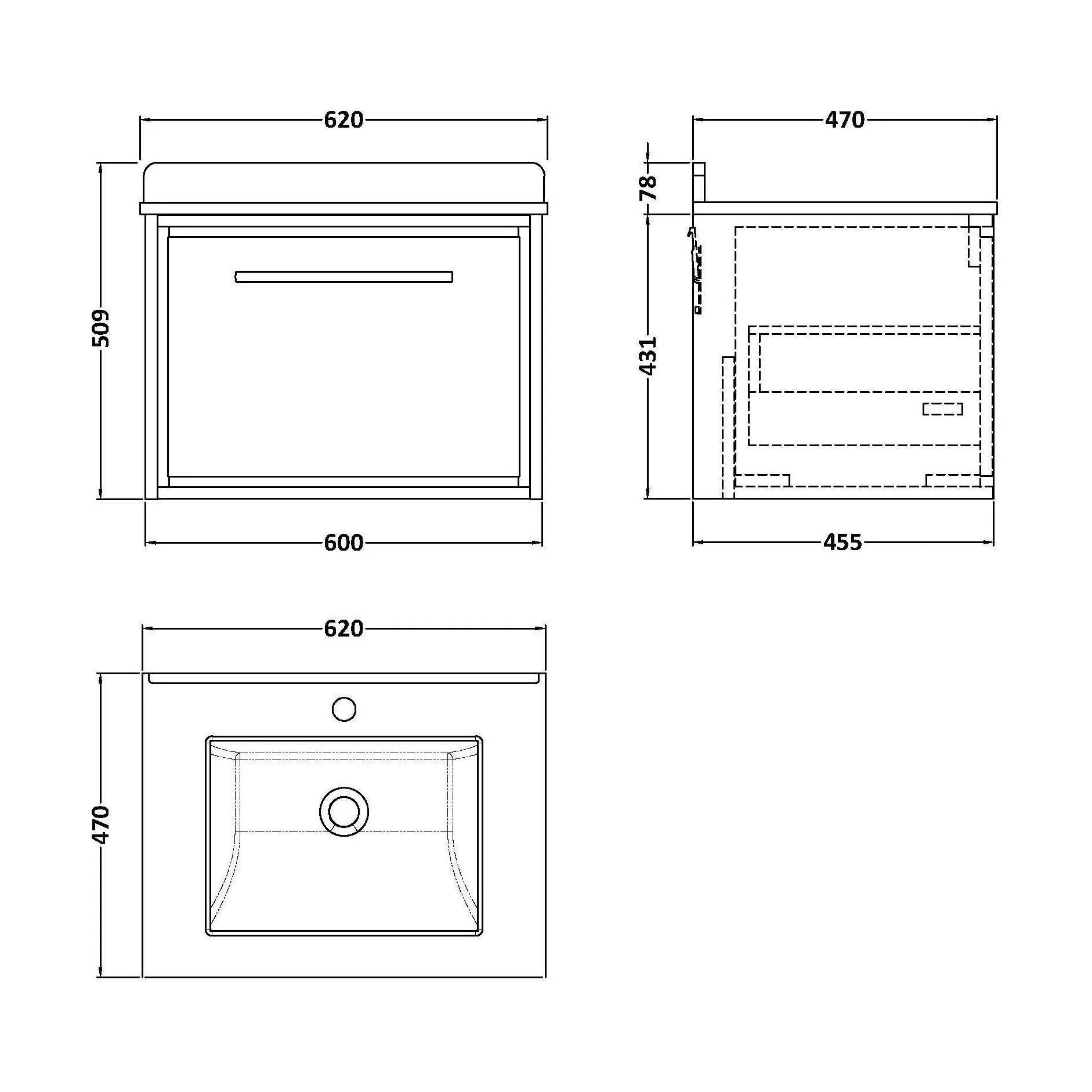 Longnor 1 Drawer Wall Hung Vanity Unit with Square Basin and Marble Worktop, Woodgrain Graphite Grey, 600mm - Image 2