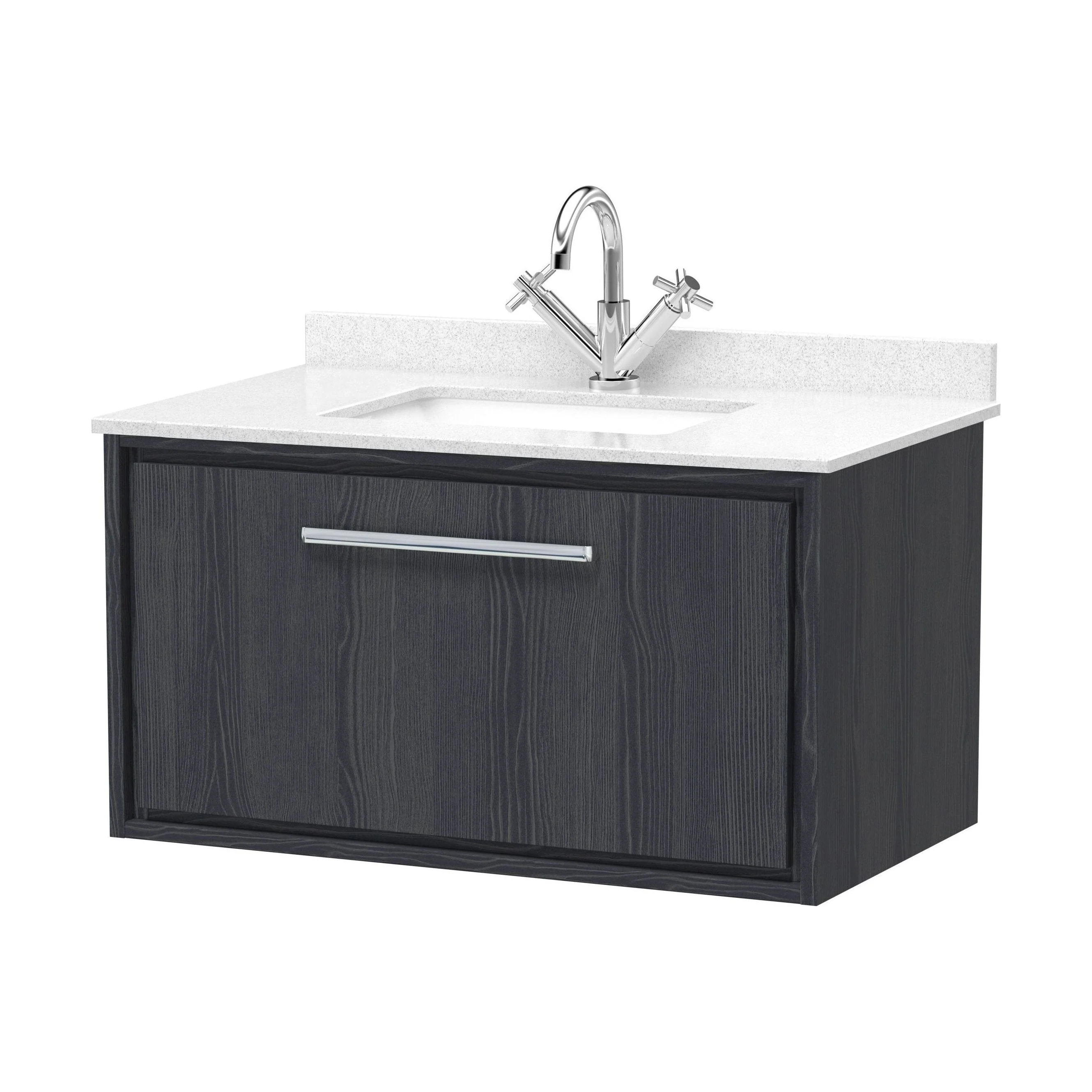 Longnor 1 Drawer Wall Hung Vanity Unit with Square Basin and Marble Worktop, Woodgrain Graphite Grey, 800mm