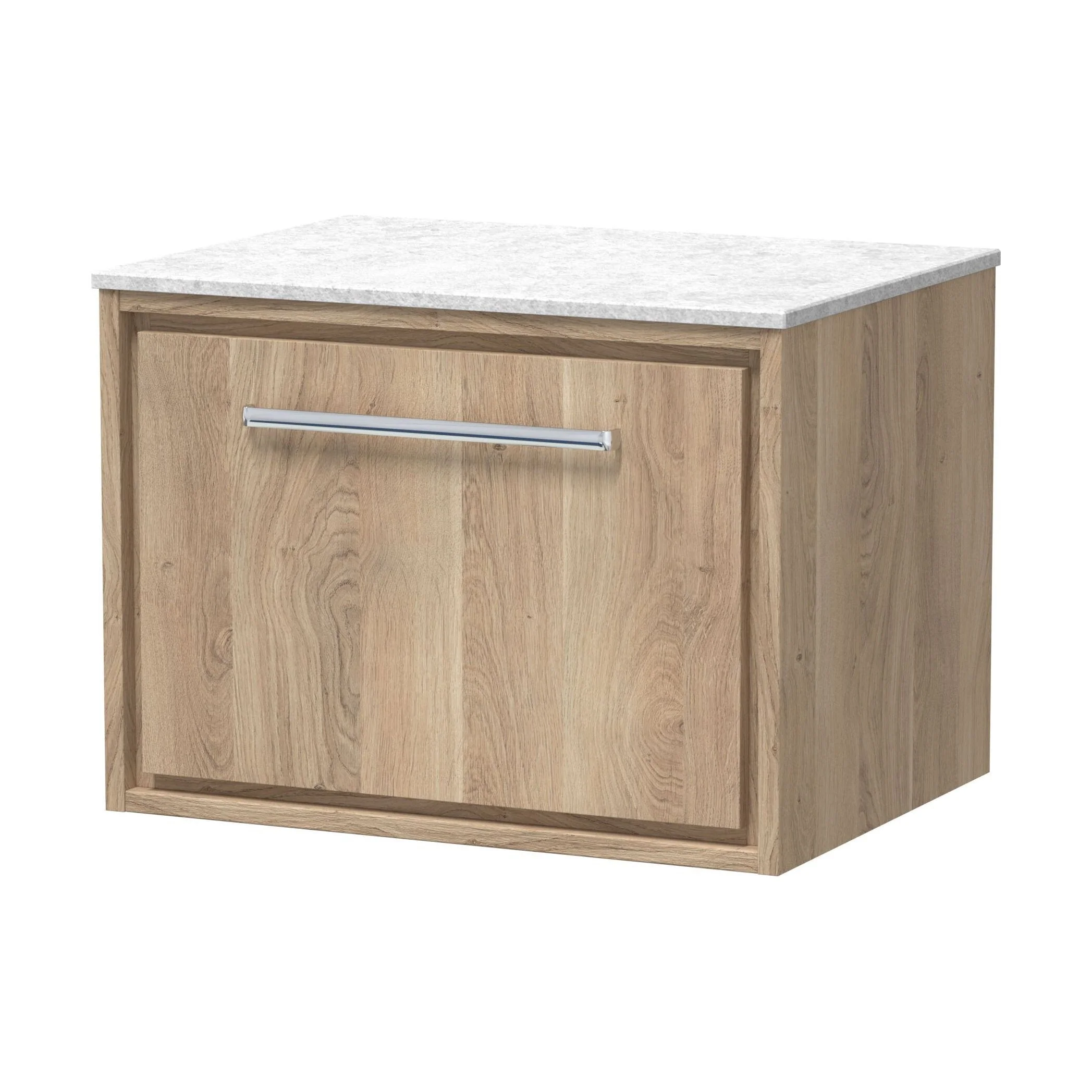 Longnor 1 Drawer Wall Hung Vanity Unit with White Marble Worktop, Light Oak, 600mm