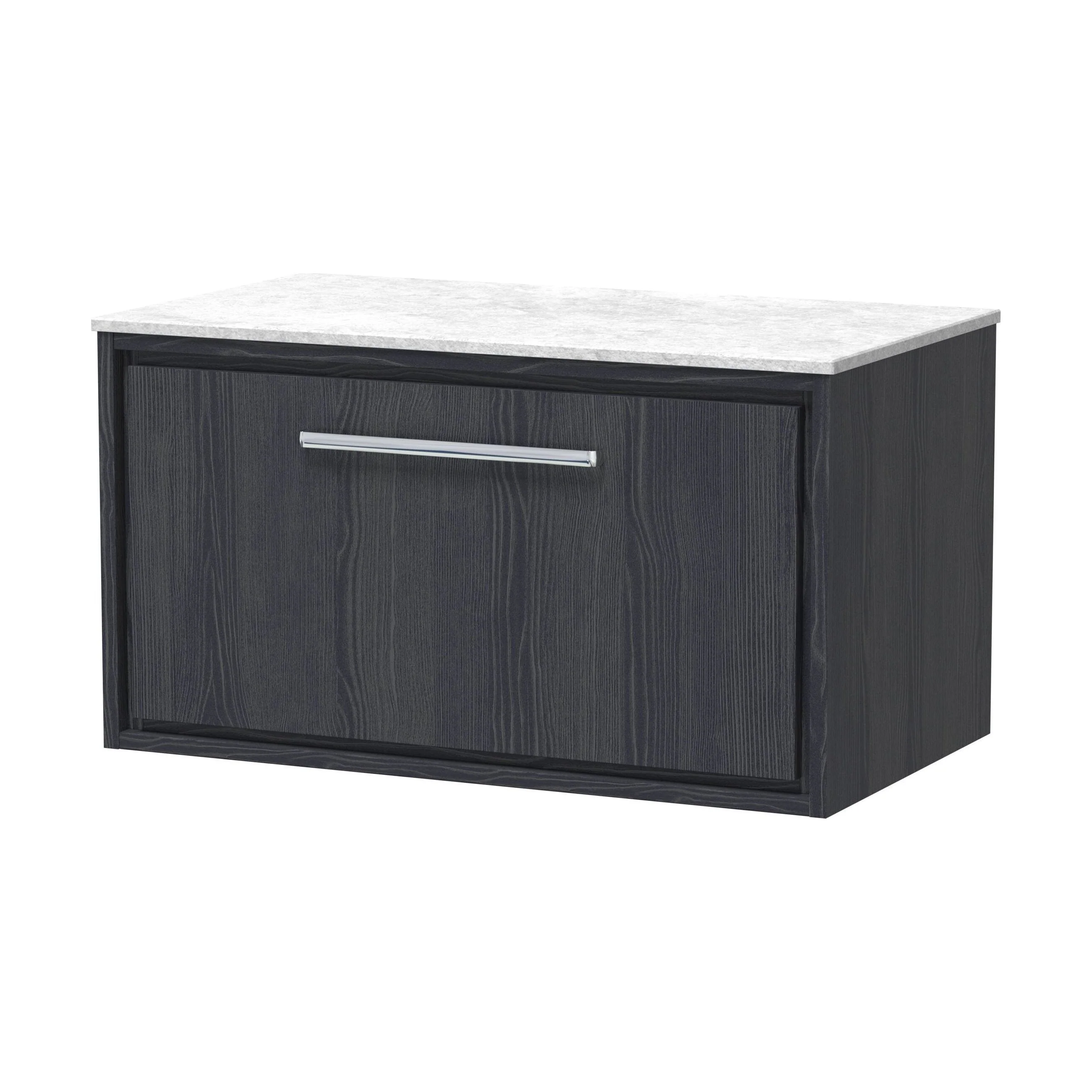 Longnor 1 Drawer Wall Hung Vanity Unit with White Marble Worktop, Woodgrain Graphite Grey, 800mm