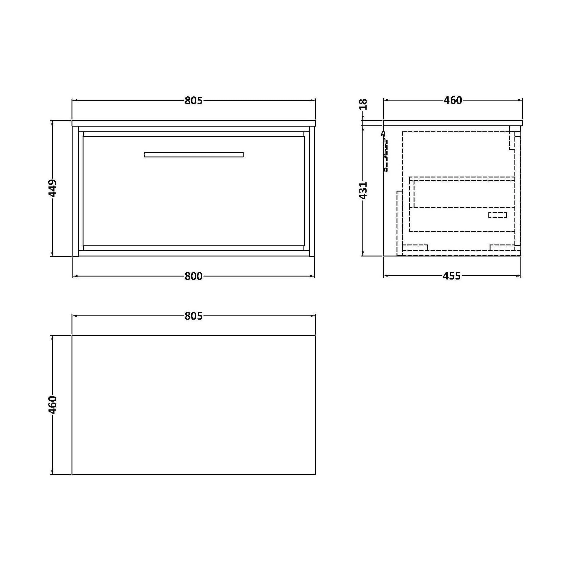 Longnor 1 Drawer Wall Hung Vanity Unit with Worktop, Woodgrain Graphite Grey, 800mm - Image 2