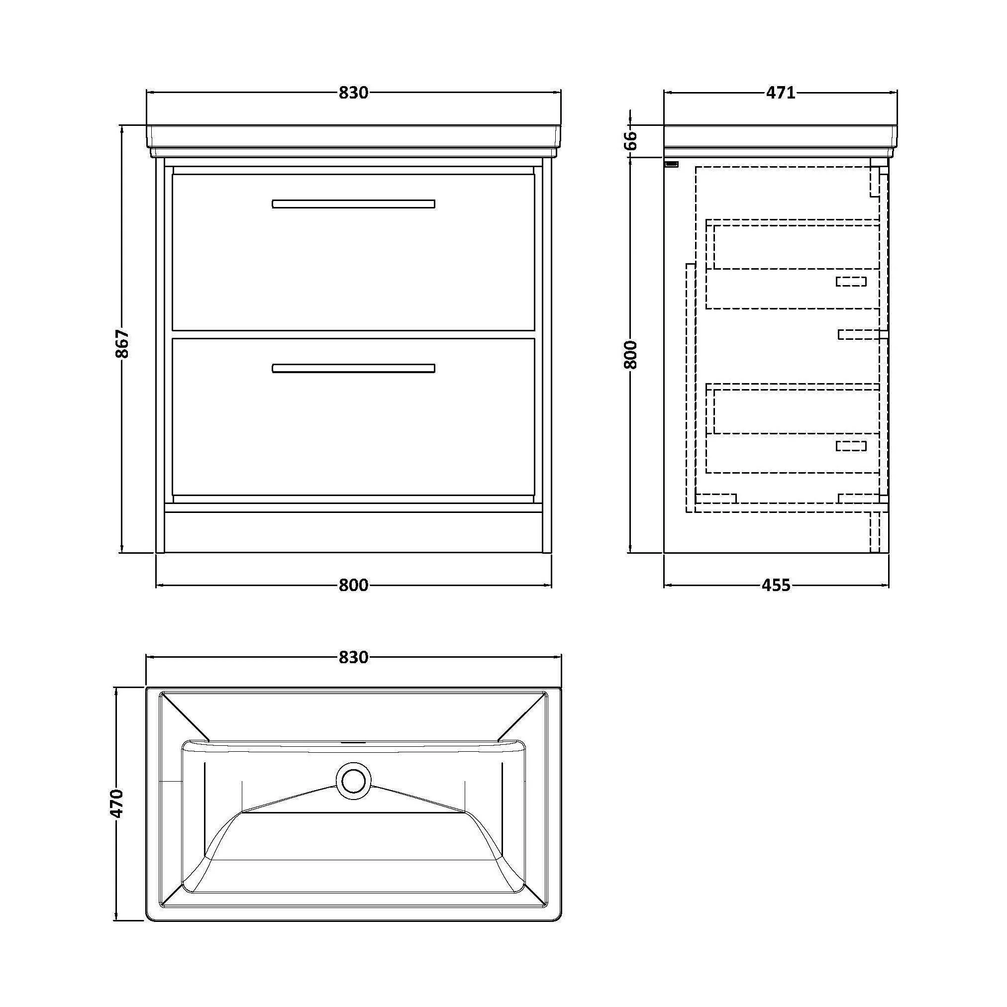Longnor 2 Drawer Floor Standing Vanity Unit with 0 Tap Hole Traditional Fireclay Basin, Antique Oak, 800mm - Image 2