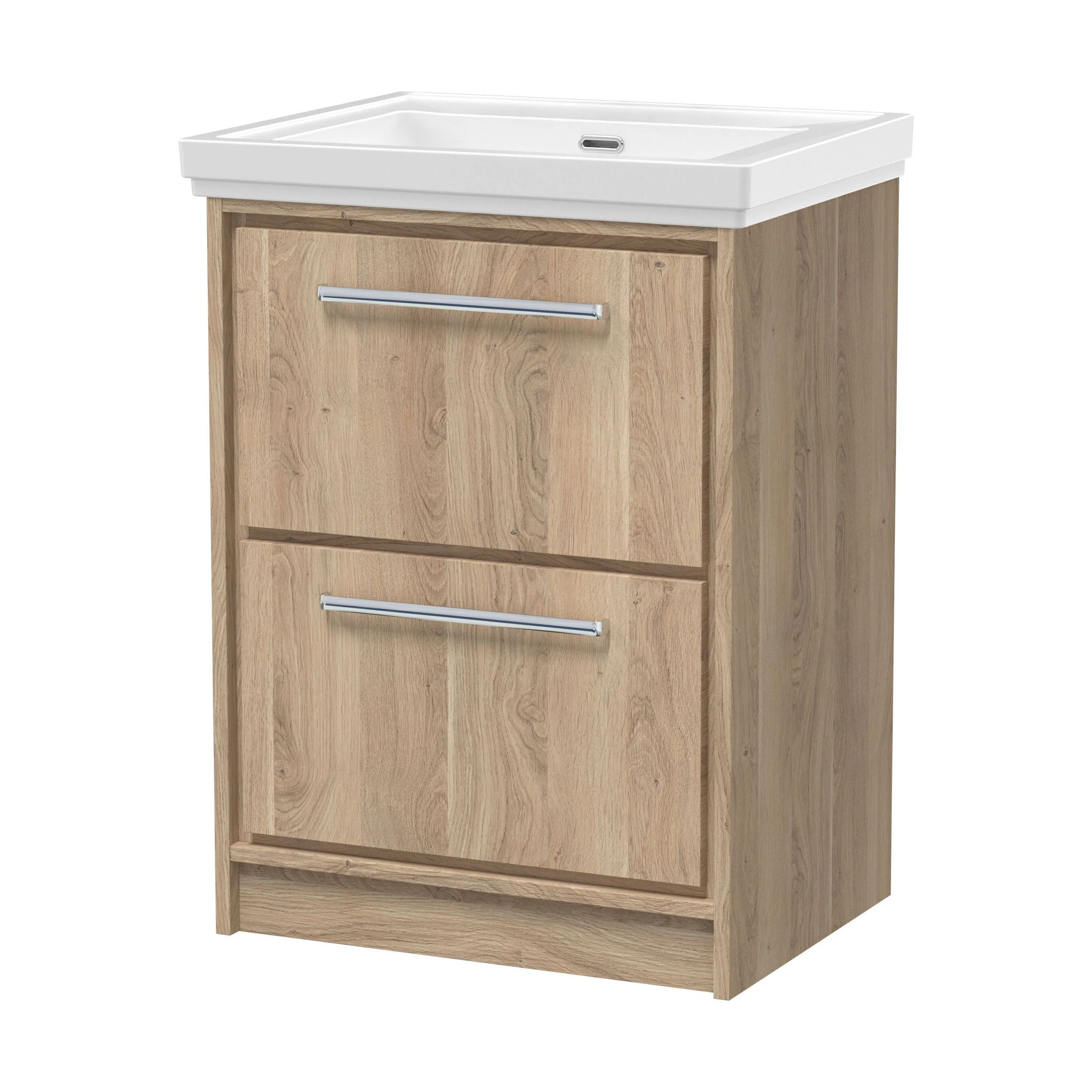 Longnor 2 Drawer Floor Standing Vanity Unit with 0 Tap Hole Traditional Fireclay Basin, Light Oak, 600mm