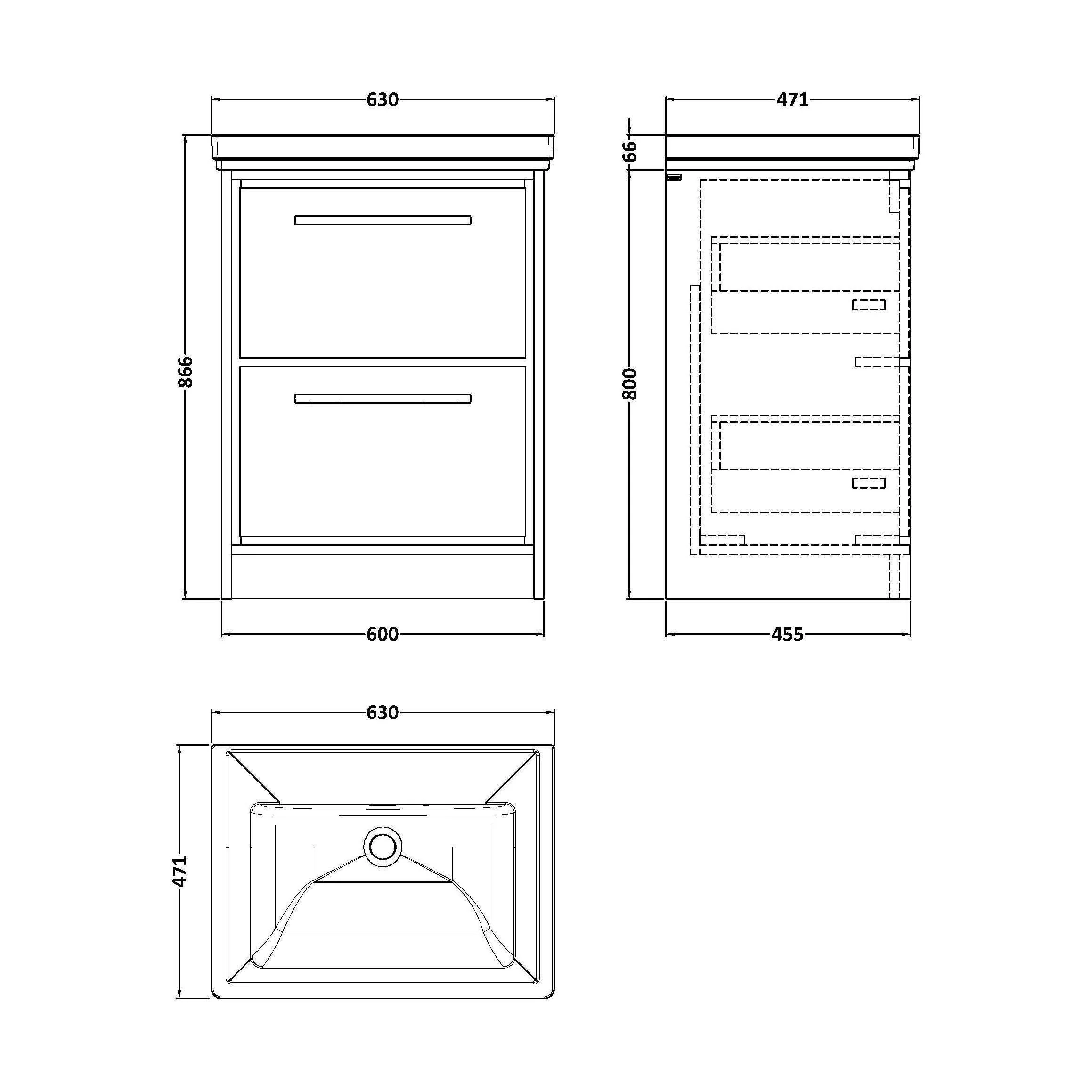 Longnor 2 Drawer Floor Standing Vanity Unit with 0 Tap Hole Traditional Fireclay Basin, Light Oak, 600mm - Image 2