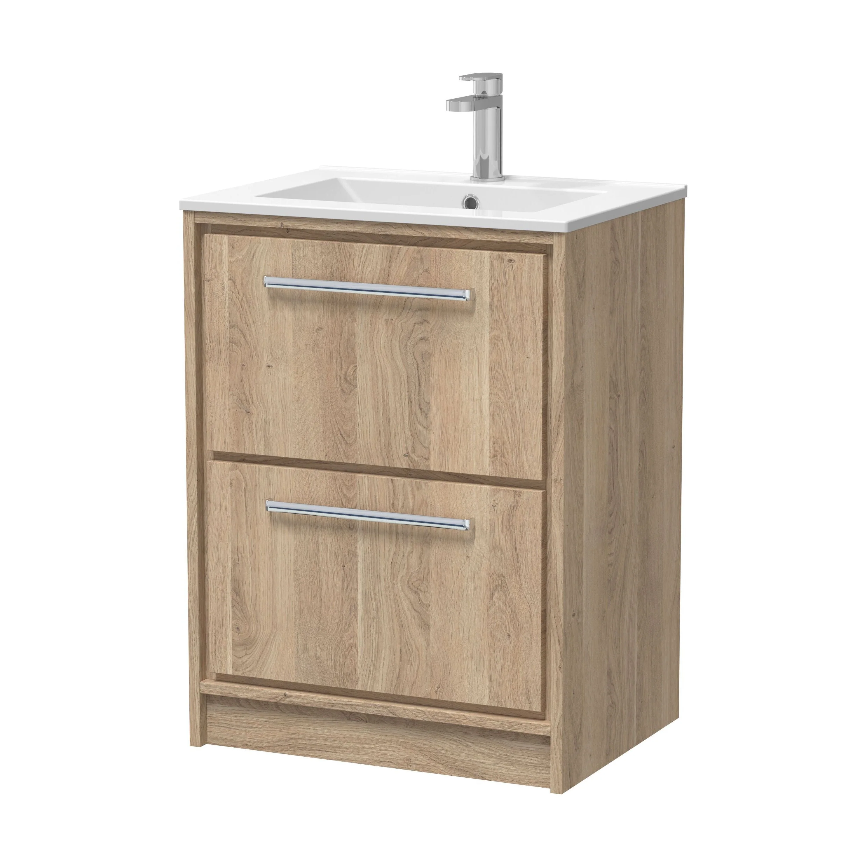 Longnor 2 Drawer Floor Standing Vanity Unit with 1 Tap Hole Minimalist Basin, Light Oak, 600mm