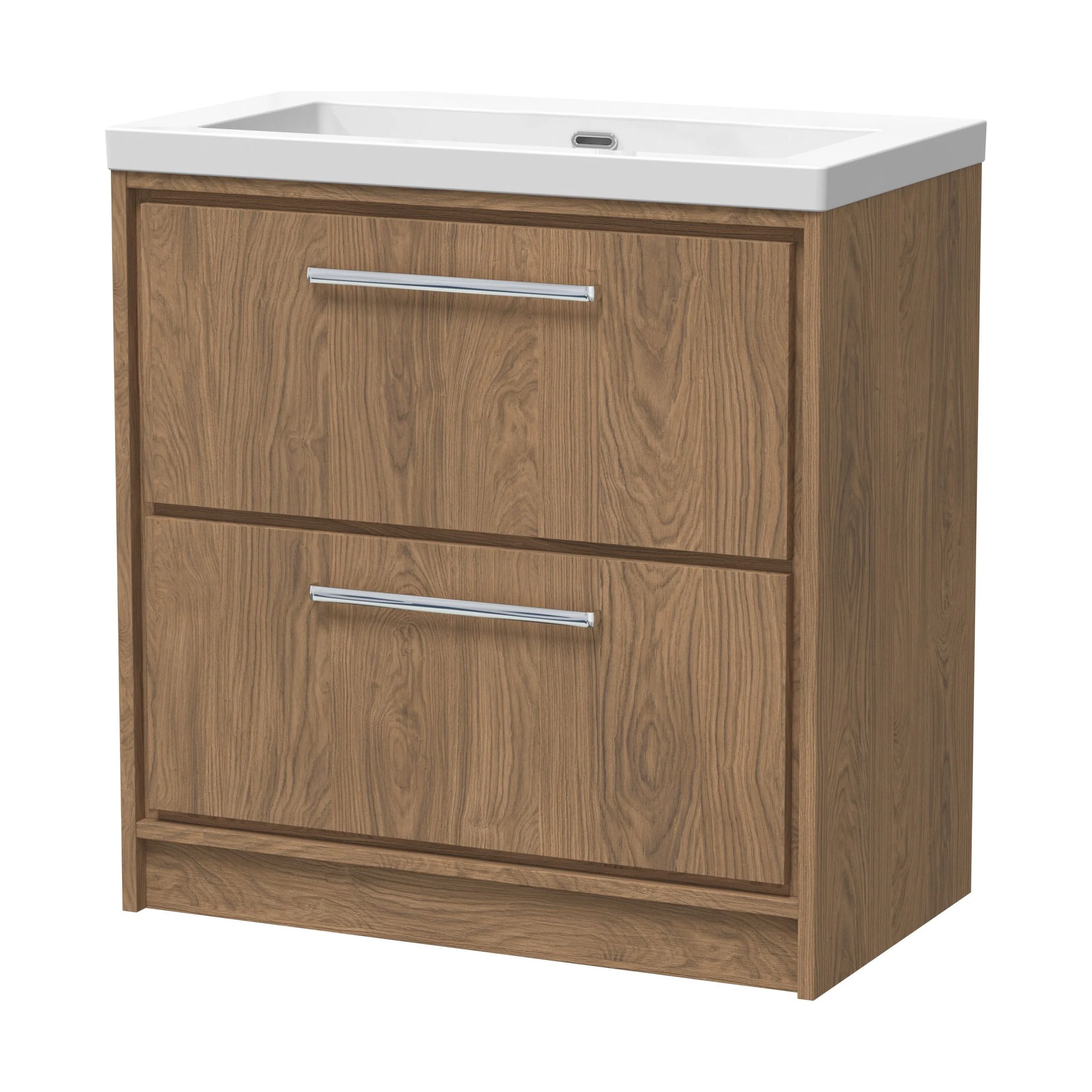 Longnor 2 Drawer Floor Standing Vanity Unit with 1 Tap Hole Modern Fireclay Basin, Antique Oak, 800mm