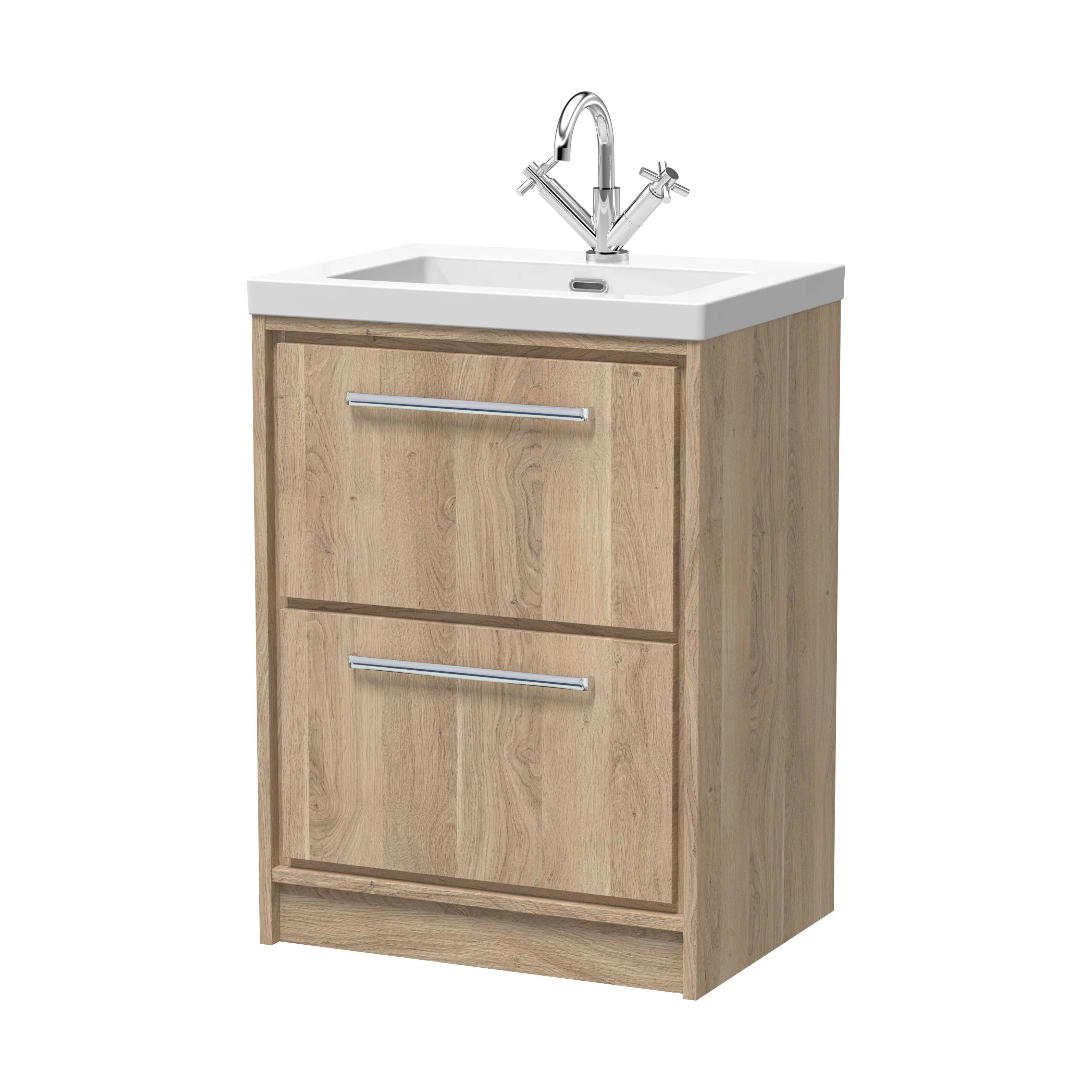 Longnor 2 Drawer Floor Standing Vanity Unit with 1 Tap Hole Modern Fireclay Basin, Light Oak, 600mm