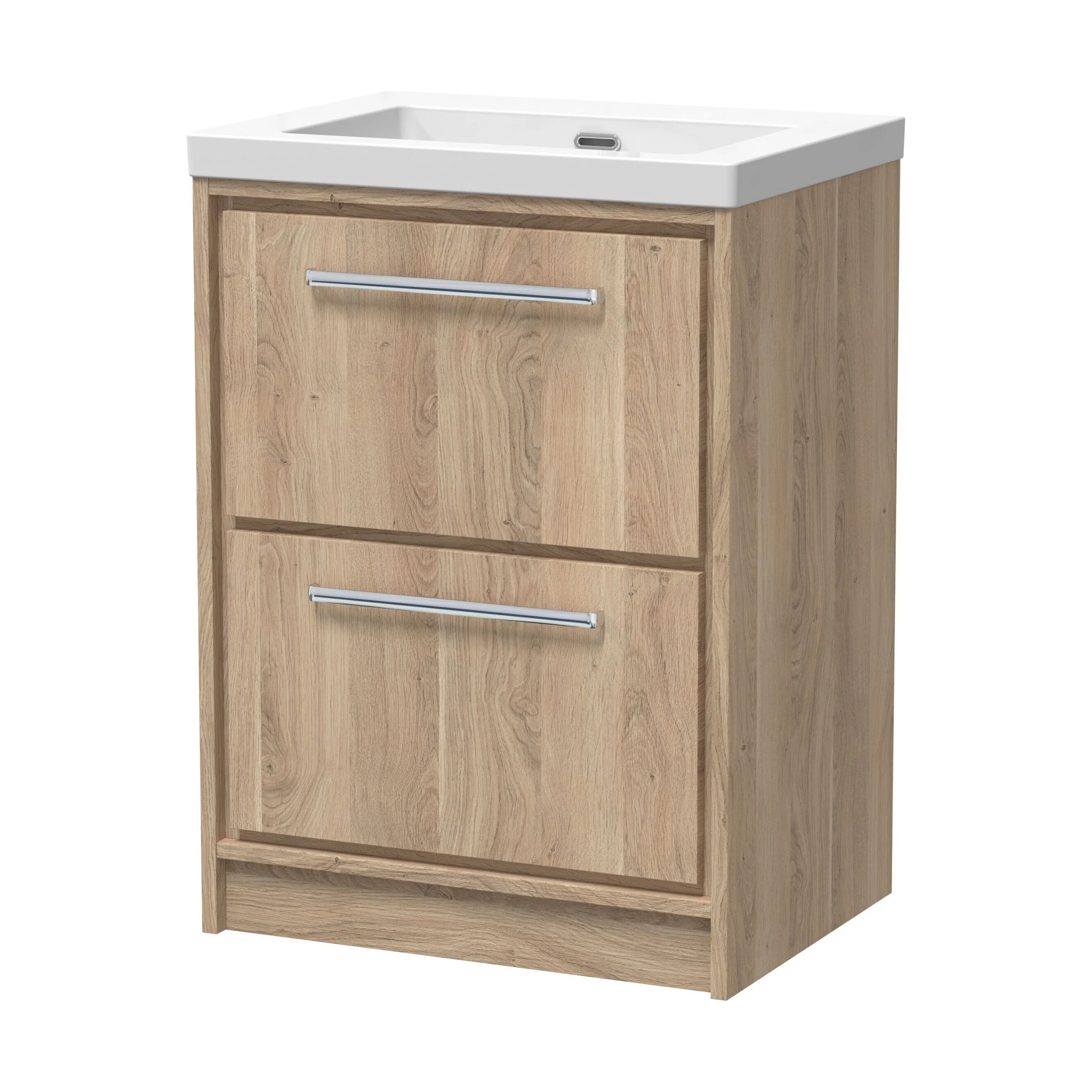Longnor 2 Drawer Floor Standing Vanity Unit with 1 Tap Hole Modern Fireclay Basin, Light Oak, 600mm