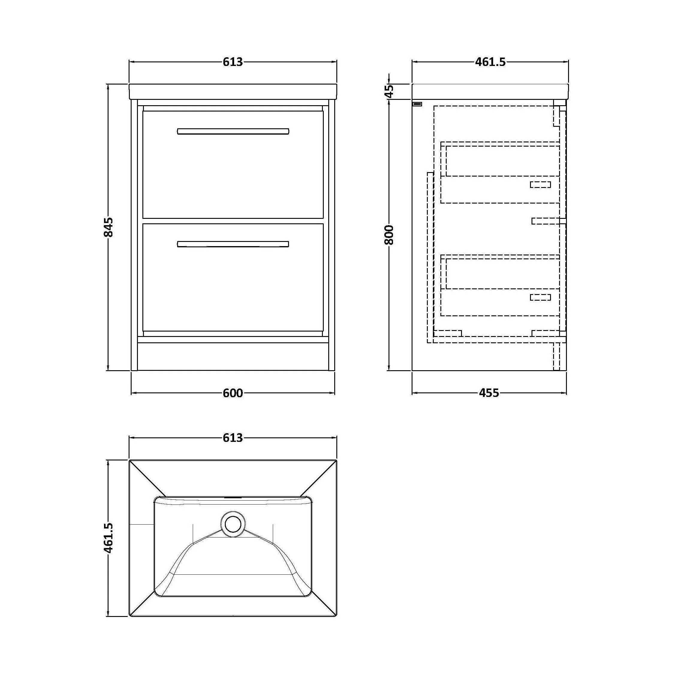 Longnor 2 Drawer Floor Standing Vanity Unit with 1 Tap Hole Modern Fireclay Basin, Light Oak, 600mm - Image 2