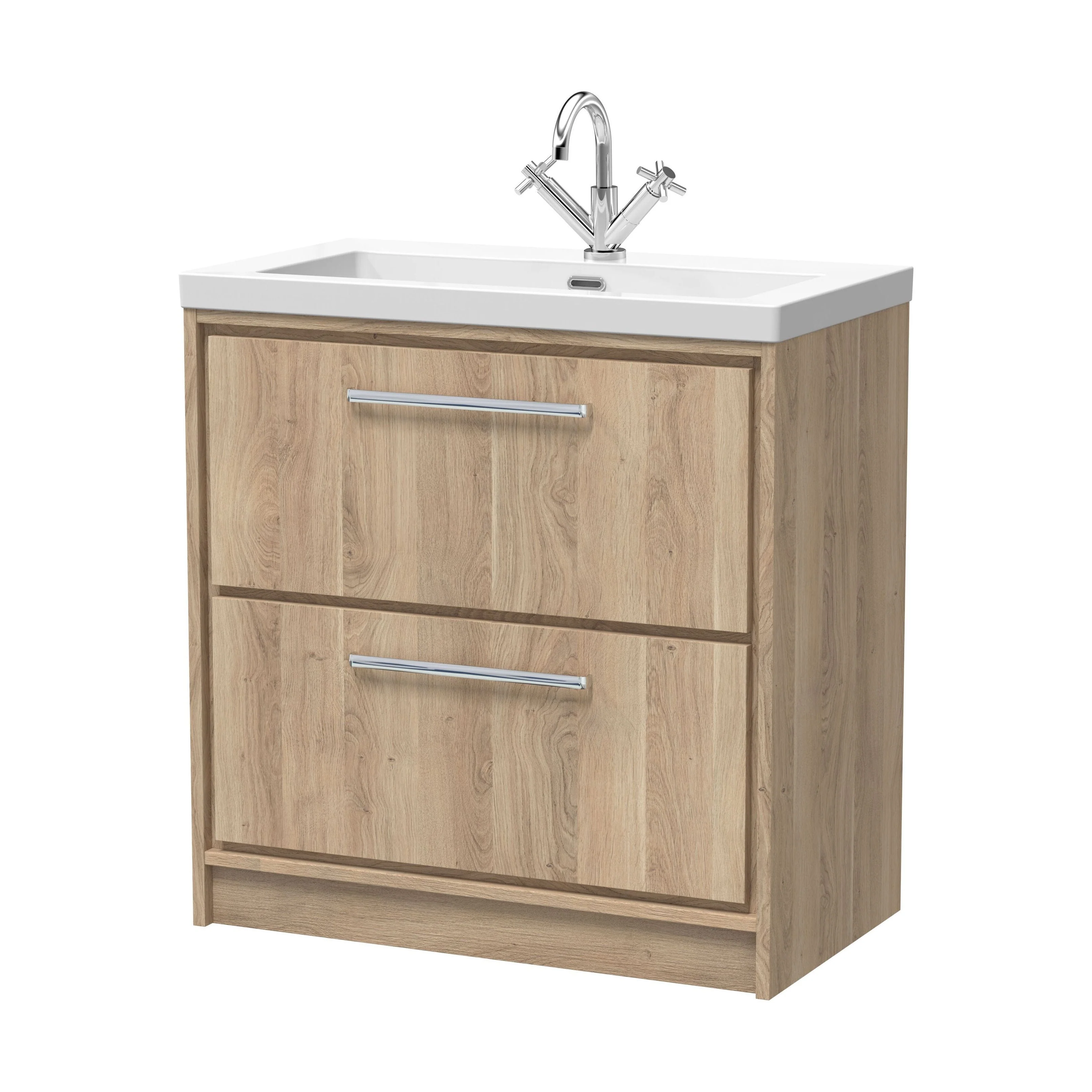 Longnor 2 Drawer Floor Standing Vanity Unit with 1 Tap Hole Modern Fireclay Basin, Light Oak, 800mm