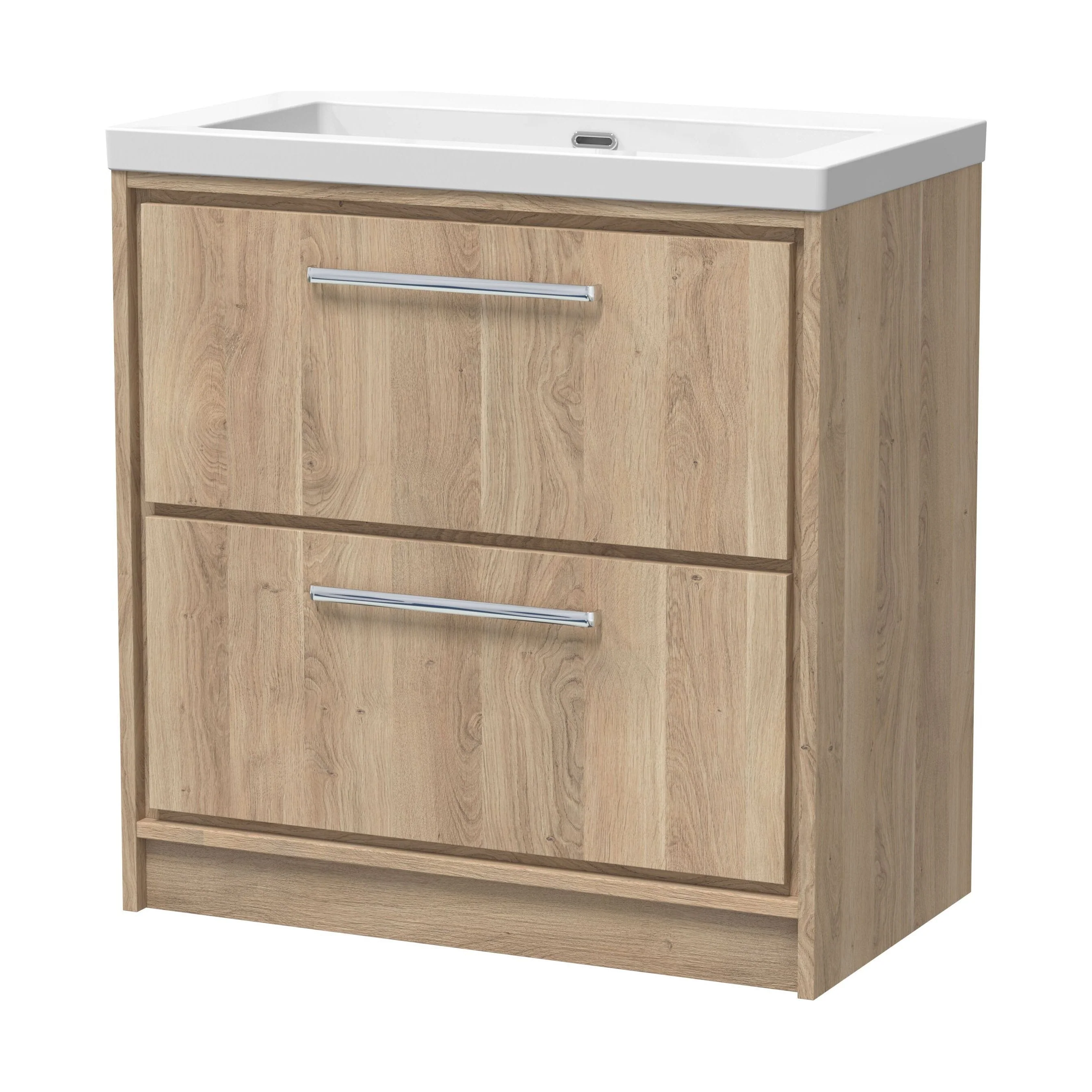 Longnor 2 Drawer Floor Standing Vanity Unit with 1 Tap Hole Modern Fireclay Basin, Light Oak, 800mm