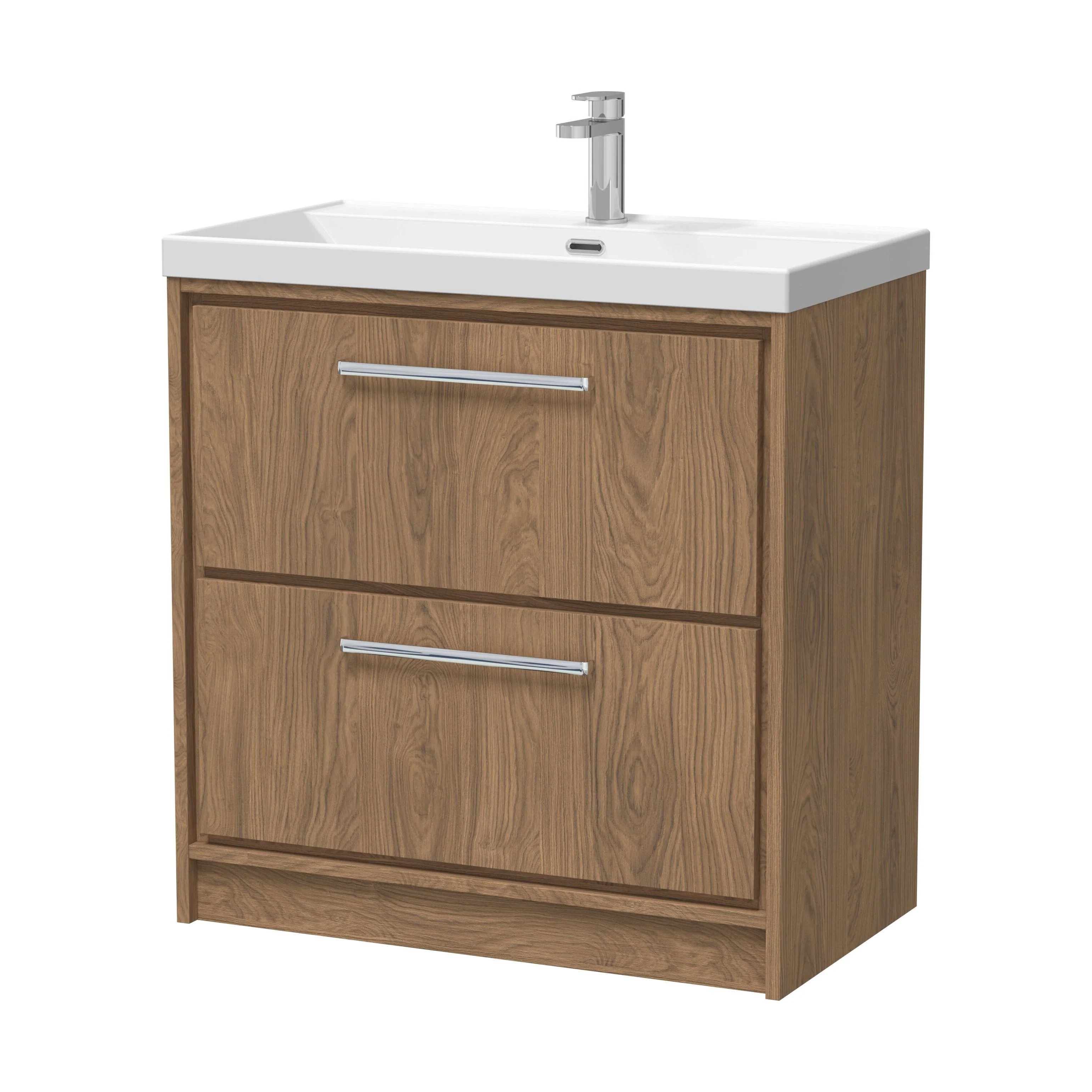 Longnor 2 Drawer Floor Standing Vanity Unit with 1 Tap Hole Thin Edge Basin, Antique Oak, 800mm