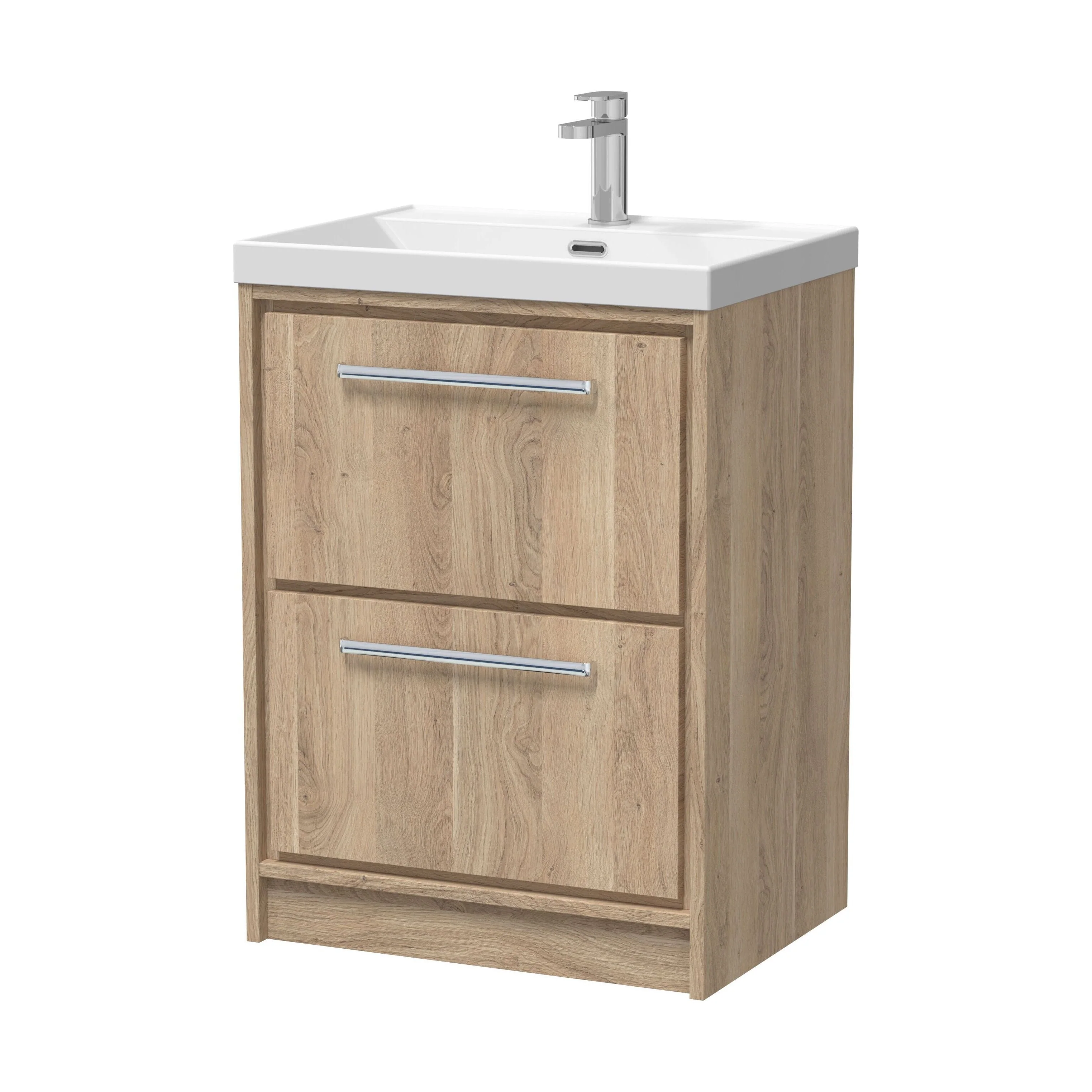 Longnor 2 Drawer Floor Standing Vanity Unit with 1 Tap Hole Thin Edge Basin, Light Oak, 600mm