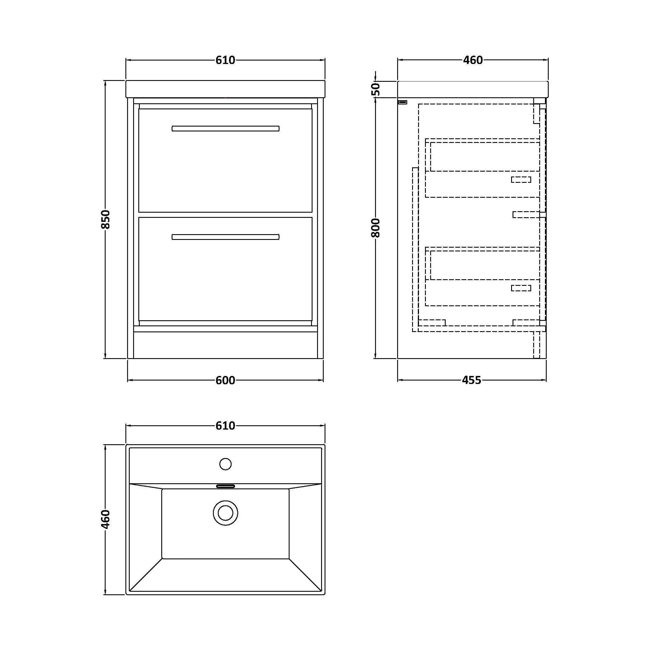 Longnor 2 Drawer Floor Standing Vanity Unit with 1 Tap Hole Thin Edge Basin, Light Oak, 600mm - Image 2
