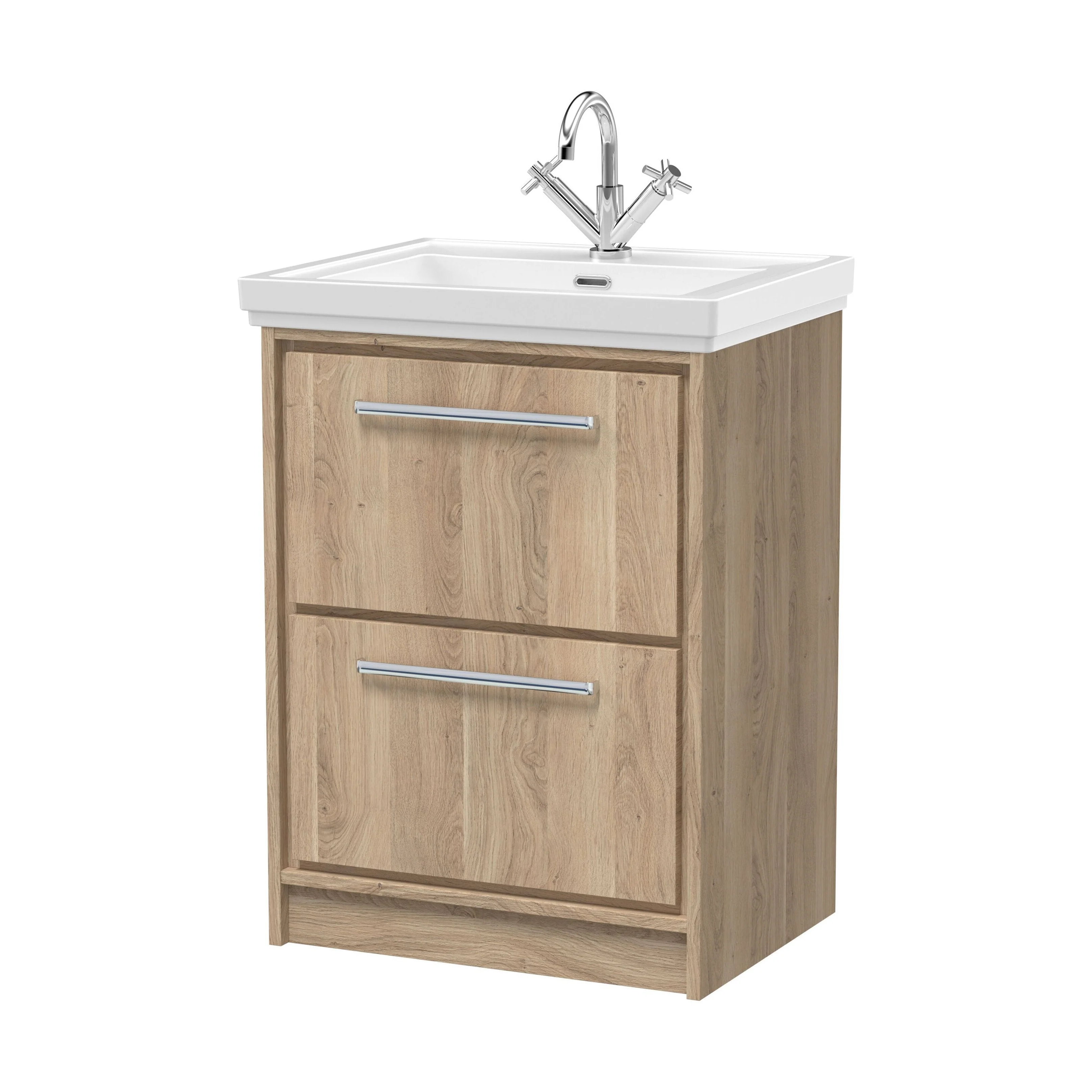 Longnor 2 Drawer Floor Standing Vanity Unit with 1 Tap Hole Traditional Fireclay Basin, Light Oak, 600mm
