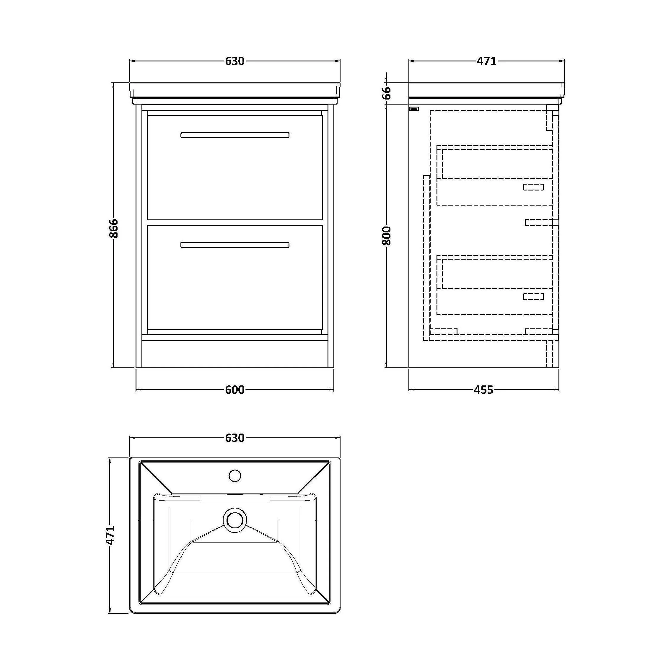 Longnor 2 Drawer Floor Standing Vanity Unit with 1 Tap Hole Traditional Fireclay Basin, Light Oak, 600mm - Image 2