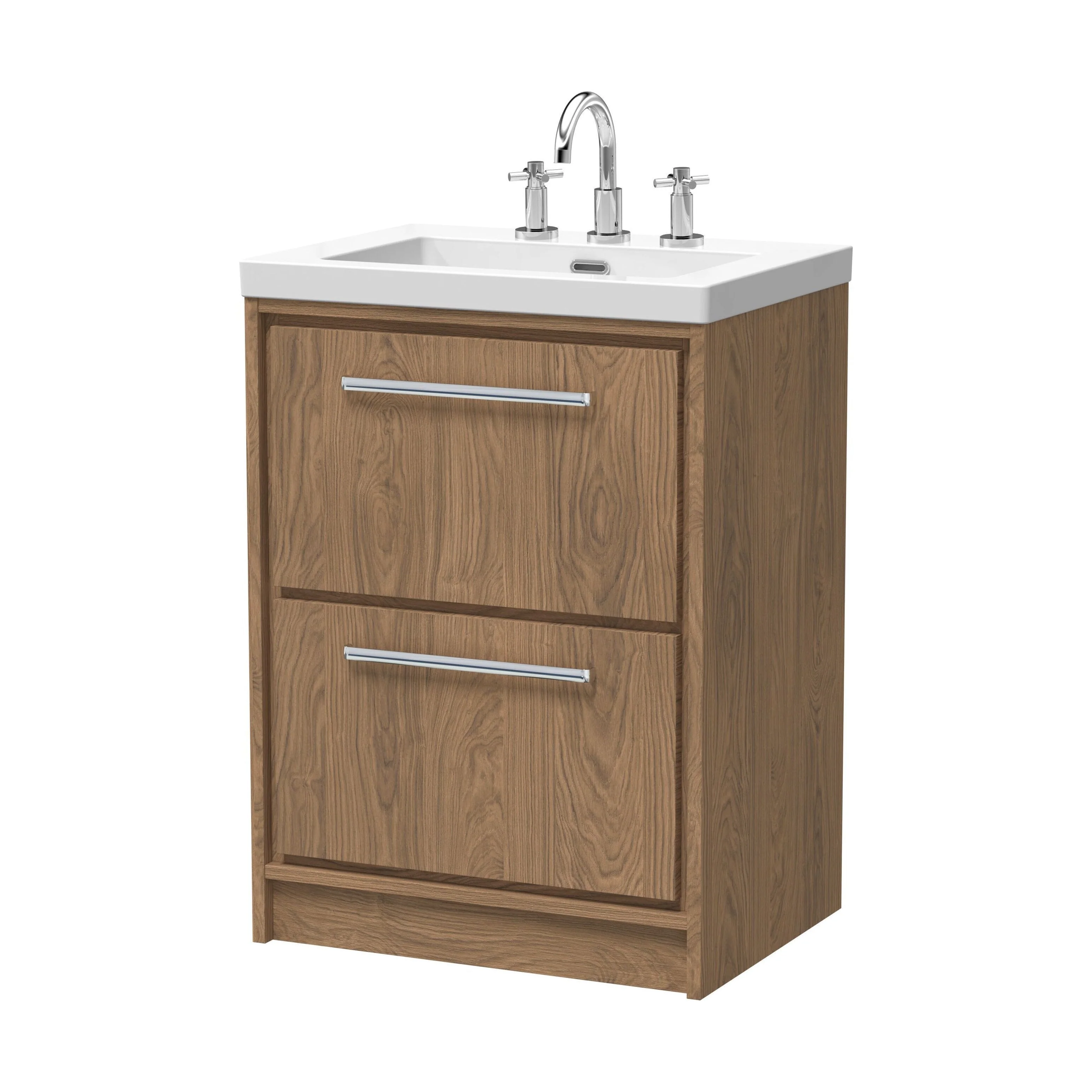 Longnor 2 Drawer Floor Standing Vanity Unit with 3 Tap Hole Modern Fireclay Basin, Antique Oak, 600mm