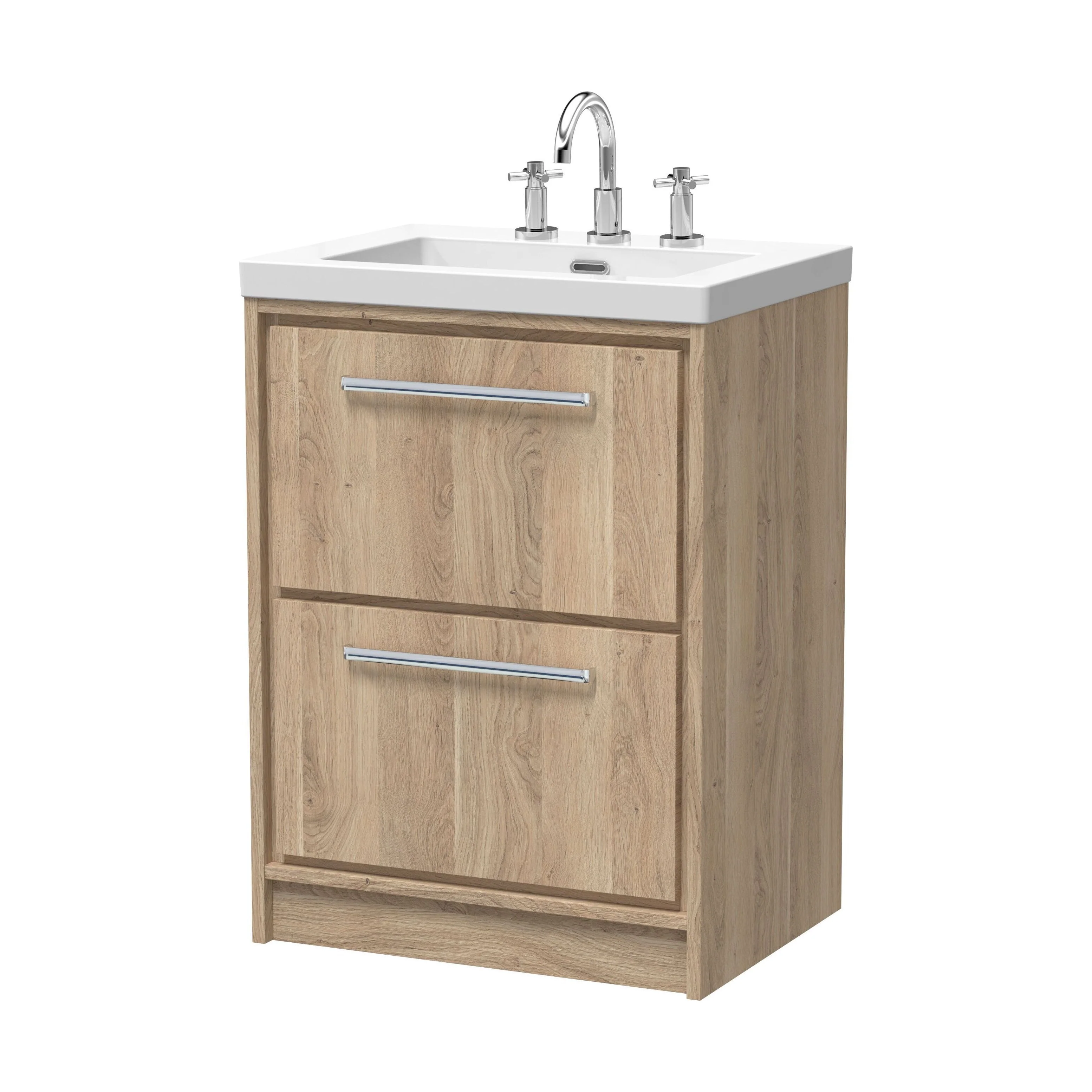 Longnor 2 Drawer Floor Standing Vanity Unit with 3 Tap Hole Modern Fireclay Basin, Light Oak, 600mm