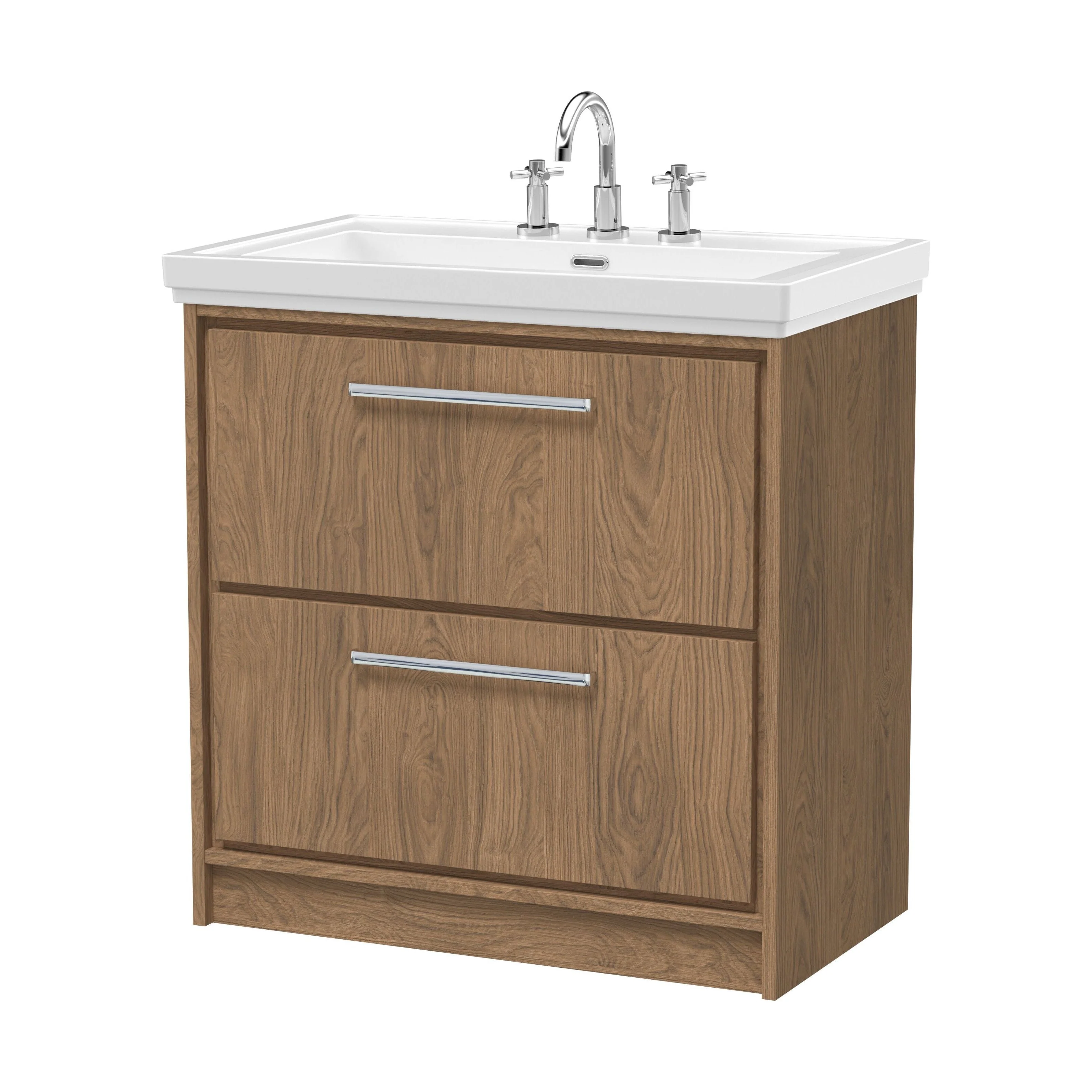 Longnor 2 Drawer Floor Standing Vanity Unit with 3 Tap Hole Traditional Fireclay Basin, Antique Oak, 800mm