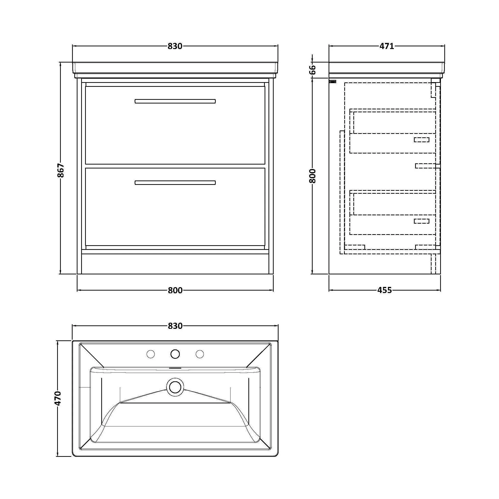 Longnor 2 Drawer Floor Standing Vanity Unit with 3 Tap Hole Traditional Fireclay Basin, Antique Oak, 800mm - Image 2
