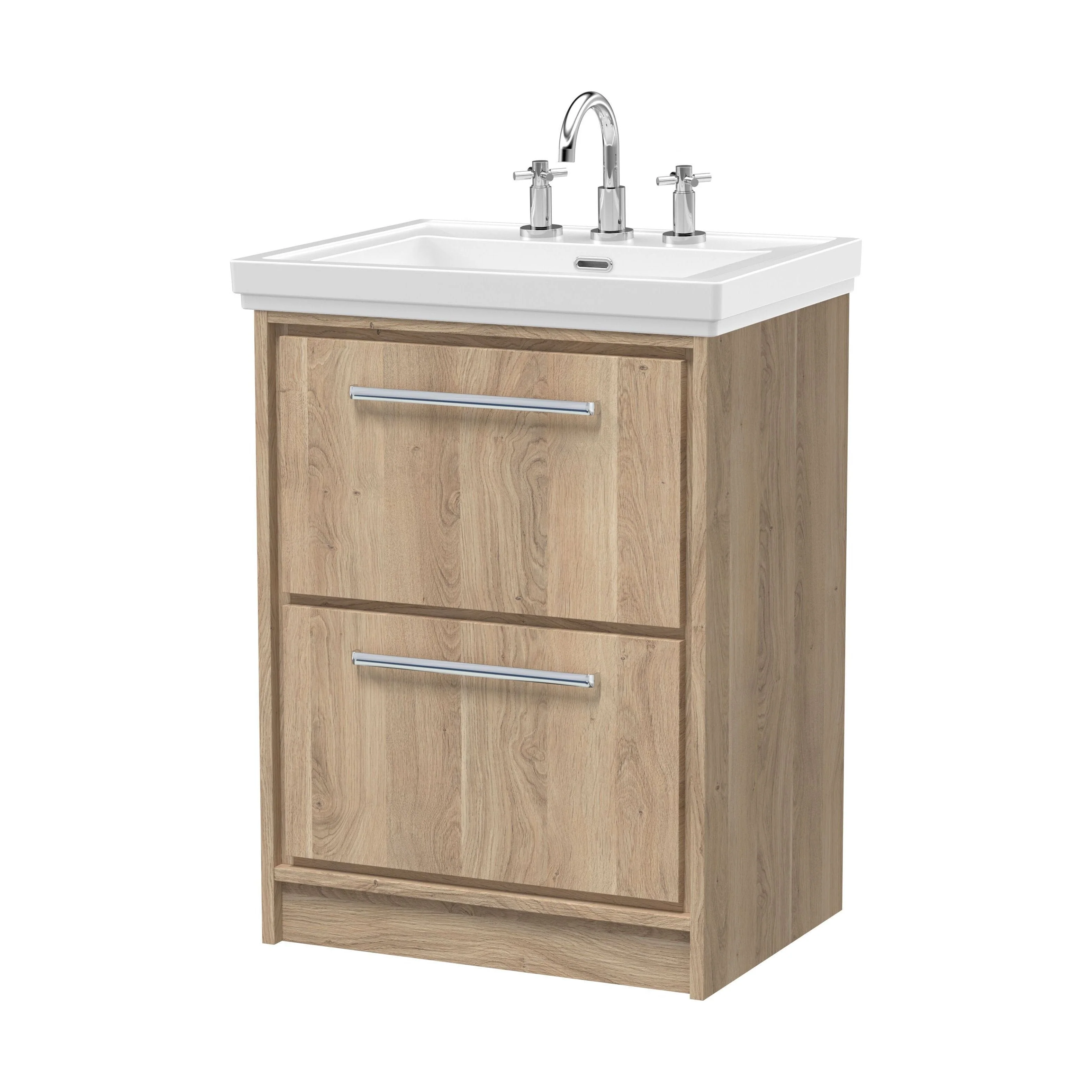 Longnor 2 Drawer Floor Standing Vanity Unit with 3 Tap Hole Traditional Fireclay Basin, Light Oak, 600mm
