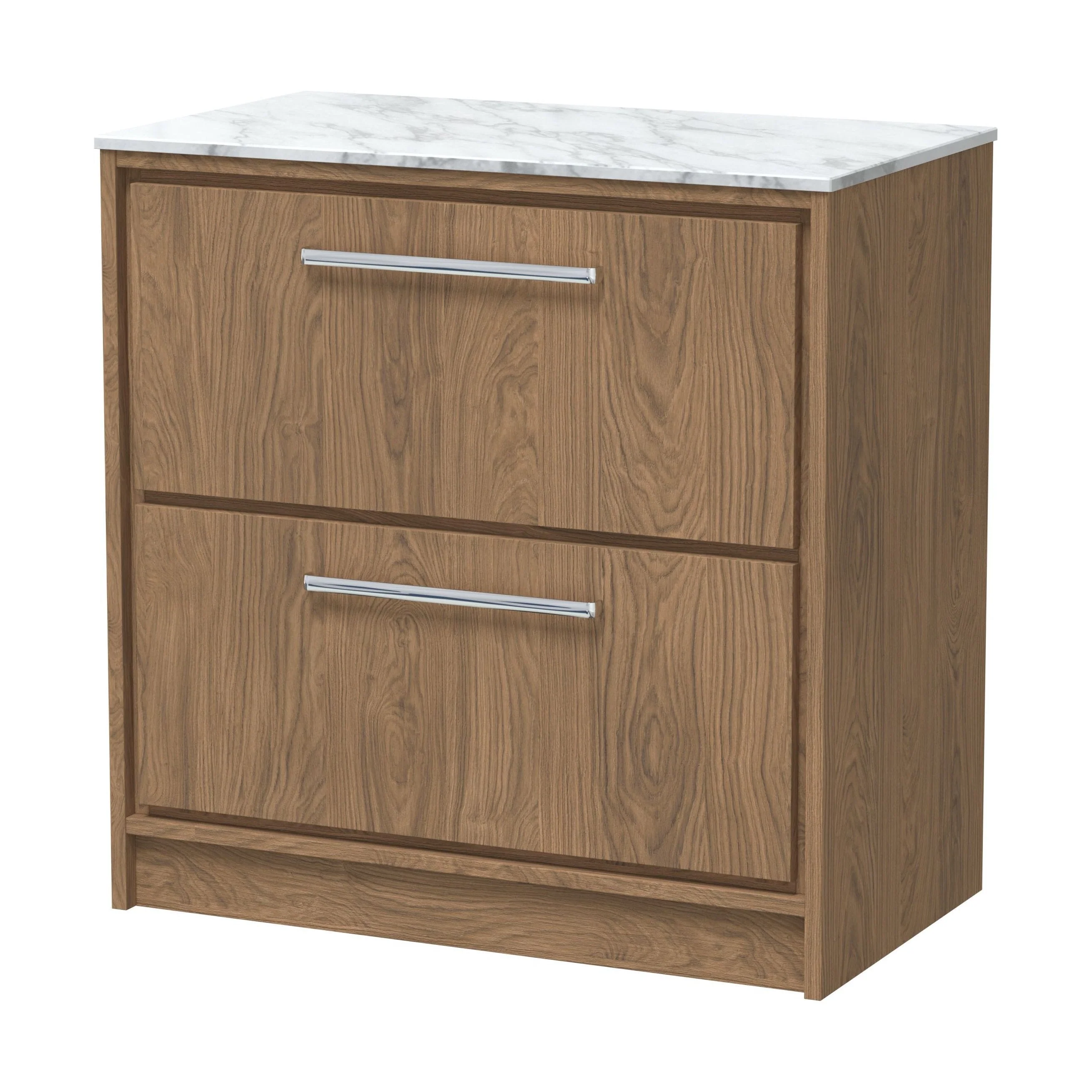 Longnor 2 Drawer Floor Standing Vanity Unit with Carrera Marble Worktop, Antique Oak, 800mm