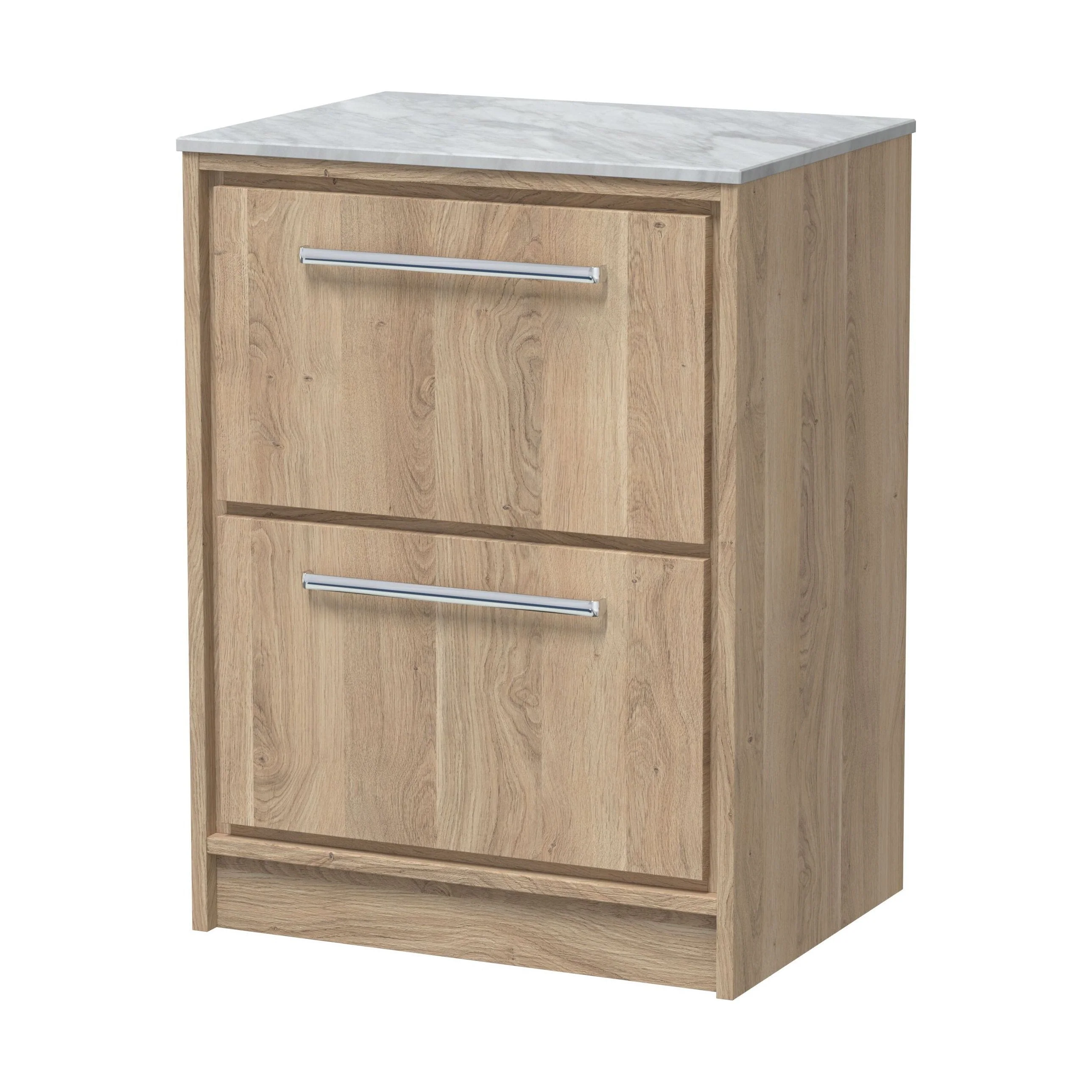 Longnor 2 Drawer Floor Standing Vanity Unit with Grey Marble Worktop, Light Oak, 600mm