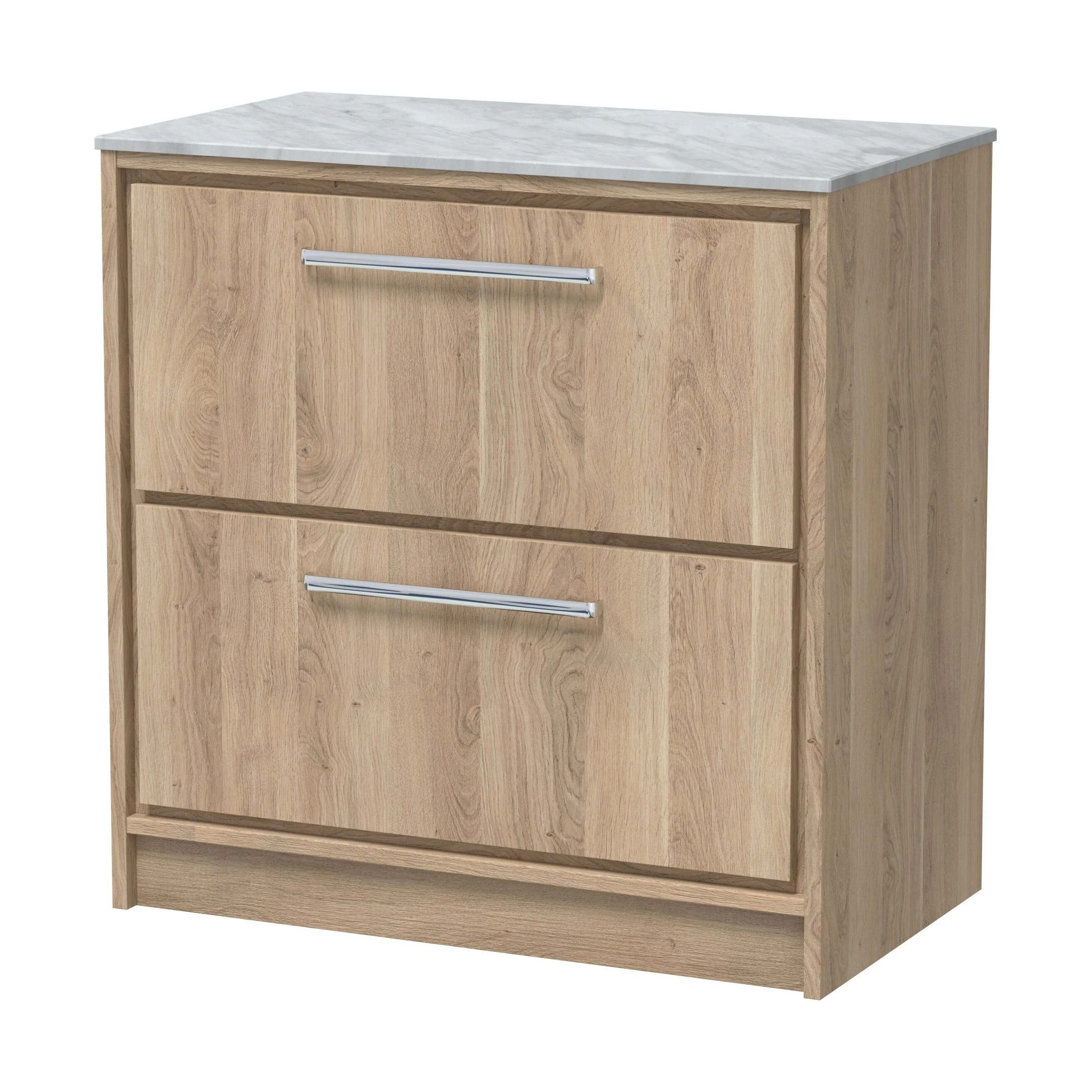 Longnor 2 Drawer Floor Standing Vanity Unit with Grey Marble Worktop, Light Oak, 800mm