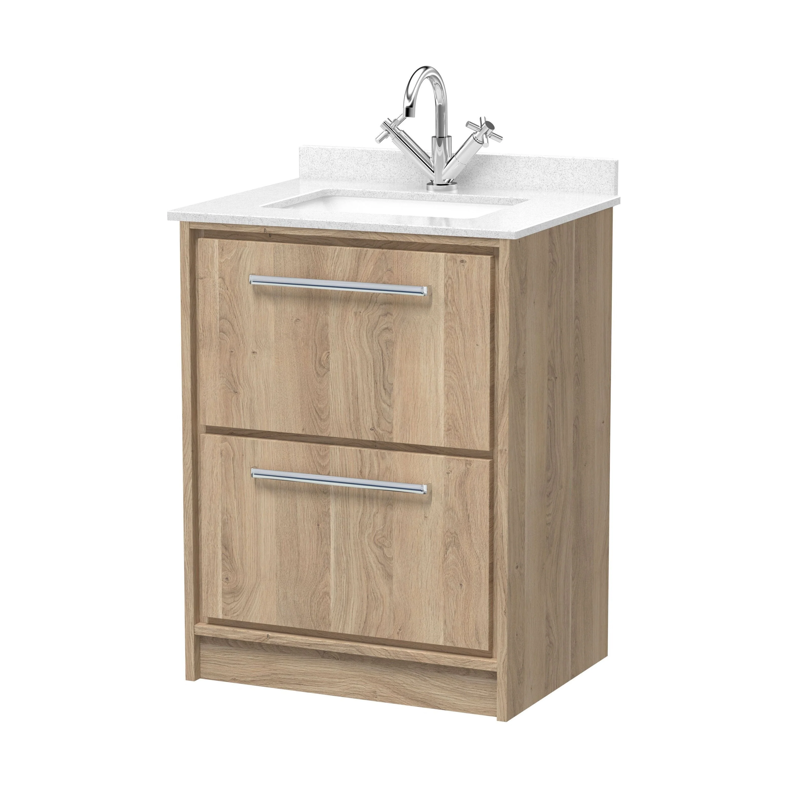 Longnor 2 Drawer Floor Standing Vanity Unit with Square Basin and Marble Worktop, Light Oak, 600mm