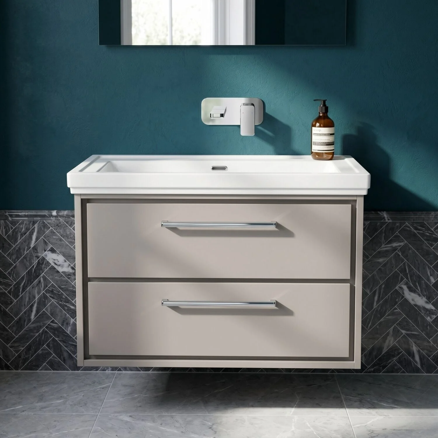 Longnor 2 Drawer Wall Hung Vanity Basin Unit with 0 Tap Hole Traditional Fireclay Basin, Choice of Size and Colour - Image 13