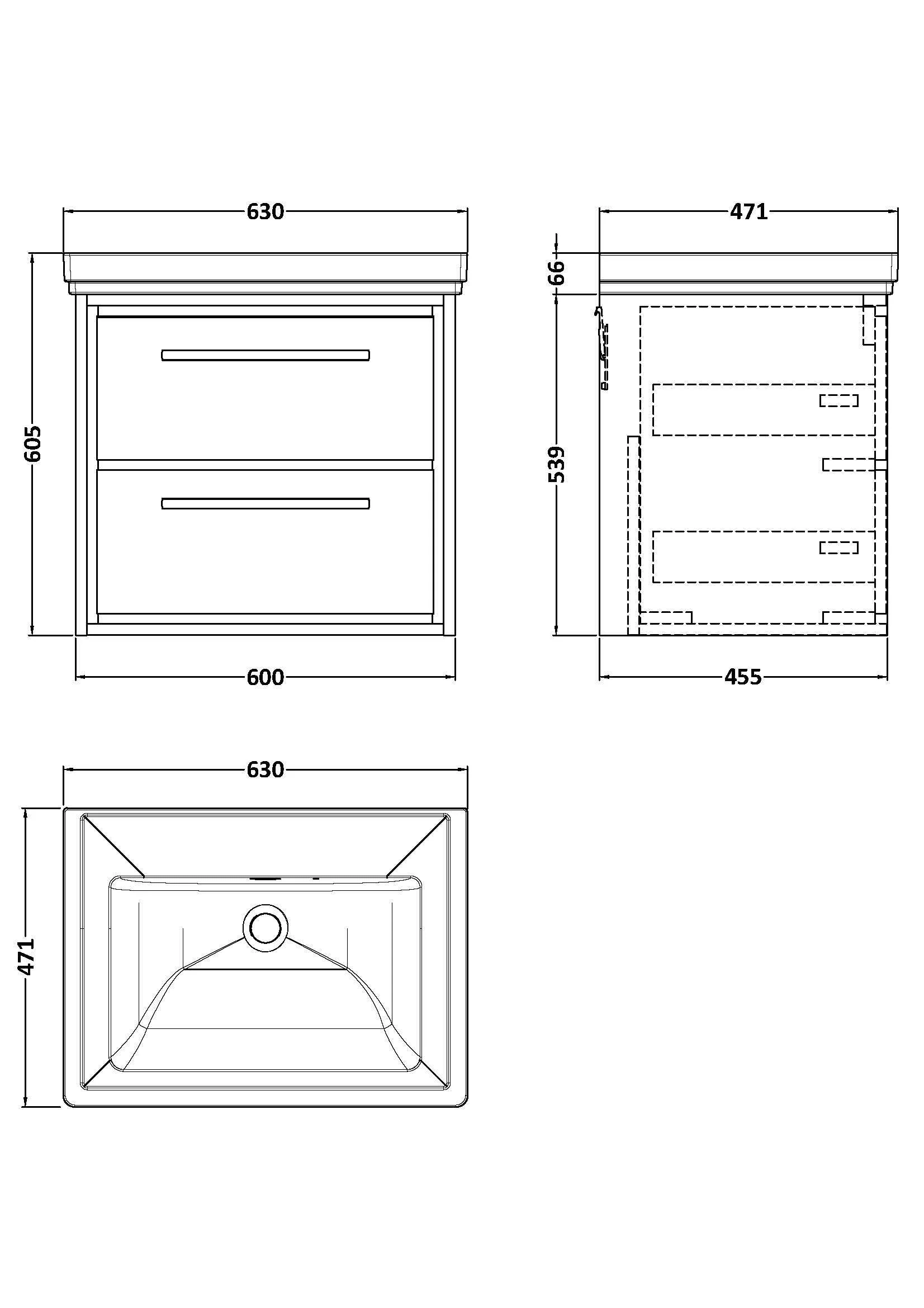 Longnor 2 Drawer Wall Hung Vanity Basin Unit with 0 Tap Hole Traditional Fireclay Basin, Choice of Size and Colour - Image 3
