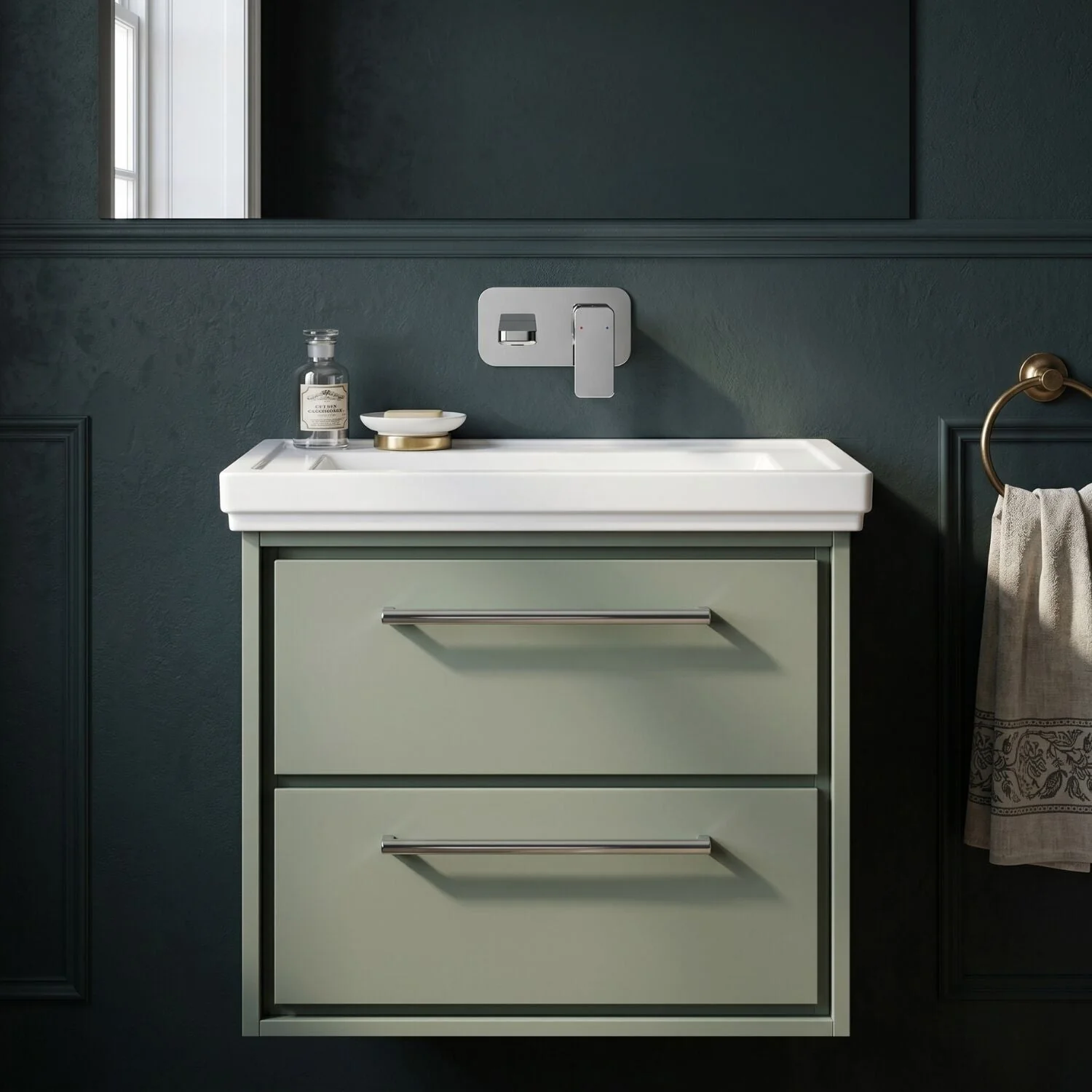 Longnor 2 Drawer Wall Hung Vanity Basin Unit with 0 Tap Hole Traditional Fireclay Basin, Choice of Size and Colour - Image 7