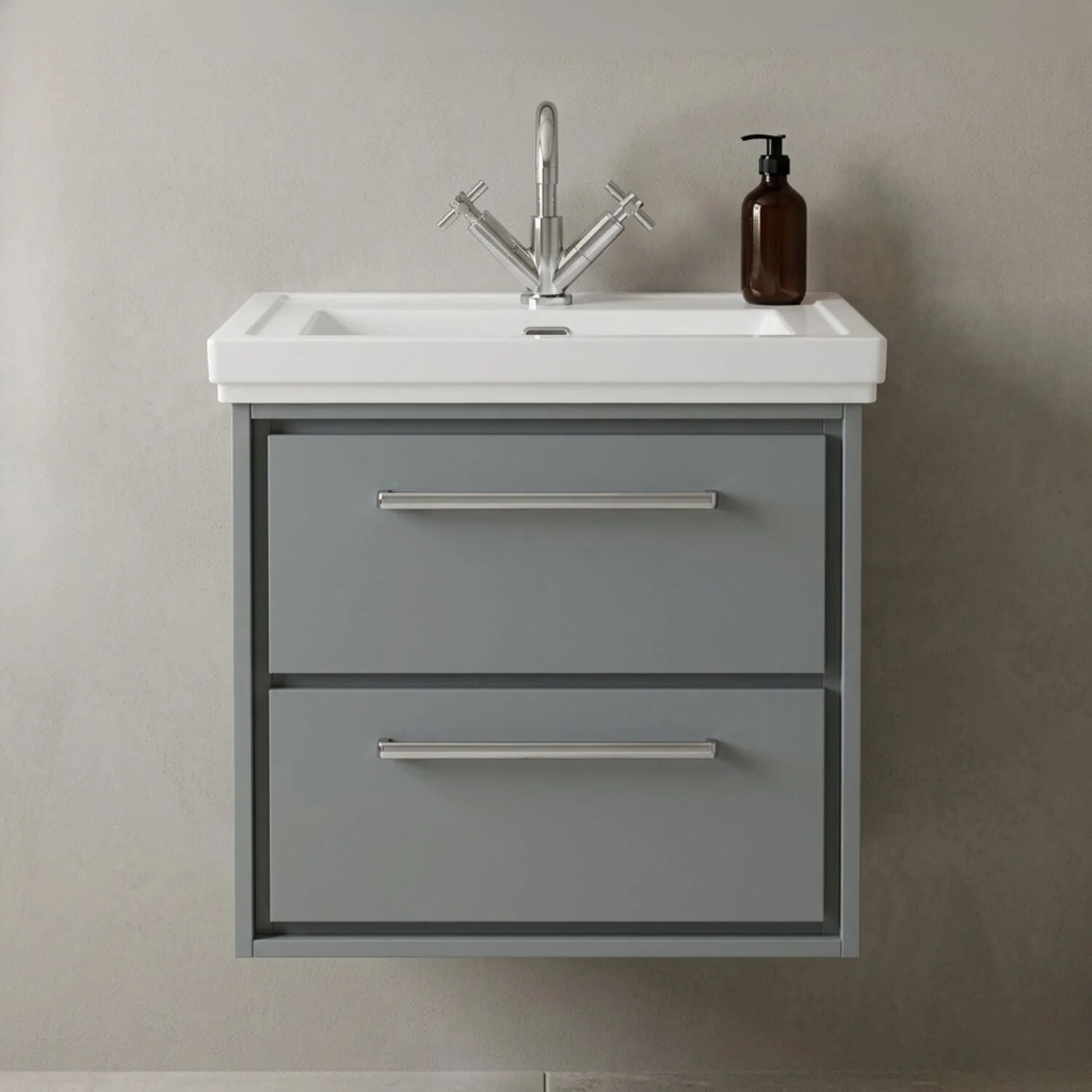 Longnor 2 Drawer Wall Hung Vanity Basin Unit with 1 Tap Hole Traditional Fireclay Basin, Choice of Size and Colour