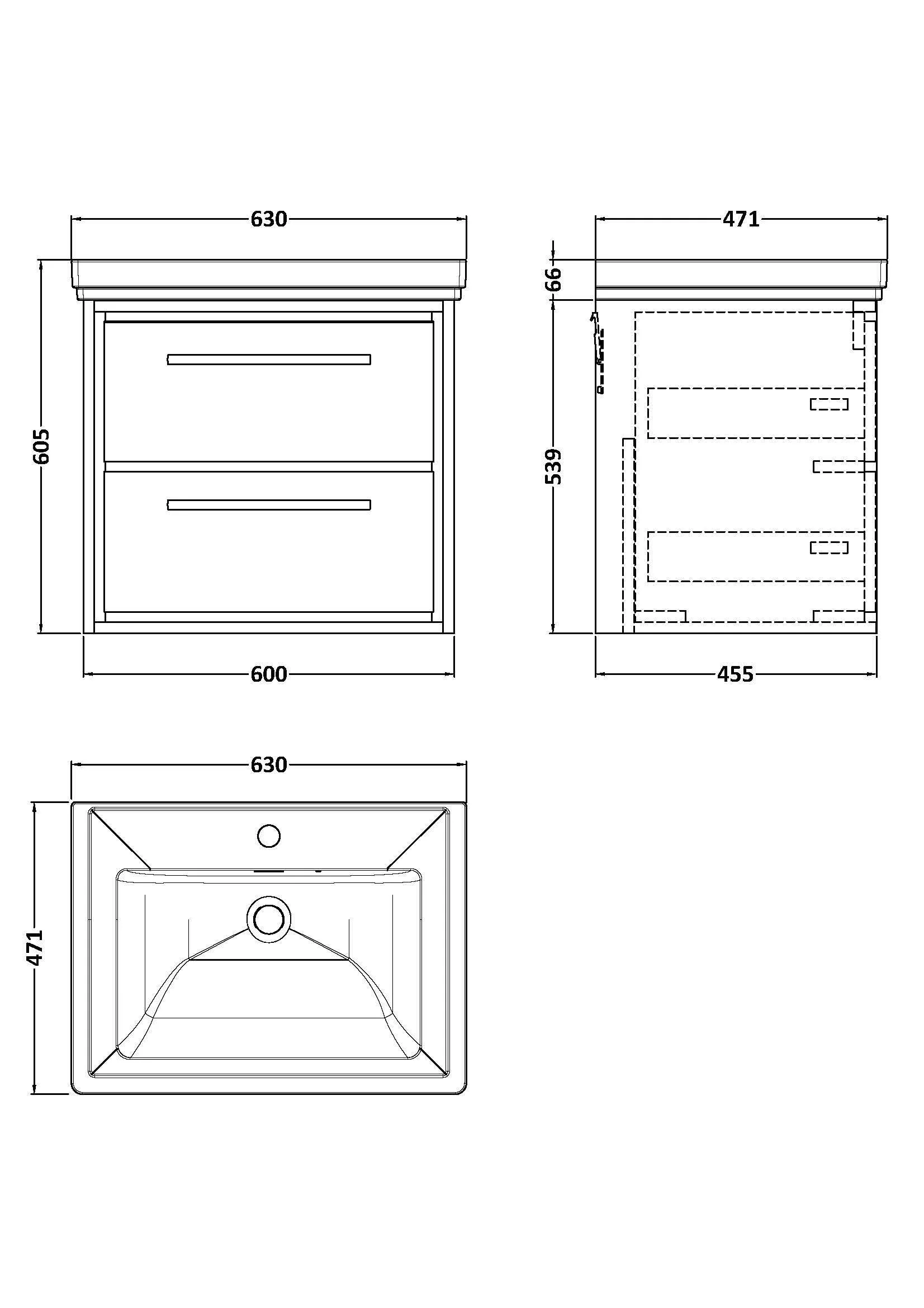 Longnor 2 Drawer Wall Hung Vanity Basin Unit with 1 Tap Hole Traditional Fireclay Basin, Choice of Size and Colour - Image 12