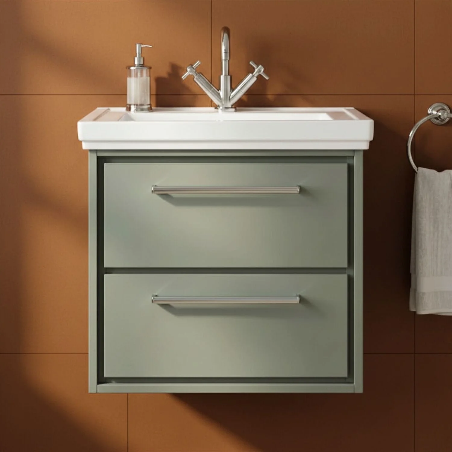Longnor 2 Drawer Wall Hung Vanity Basin Unit with 1 Tap Hole Traditional Fireclay Basin, Choice of Size and Colour - Image 13