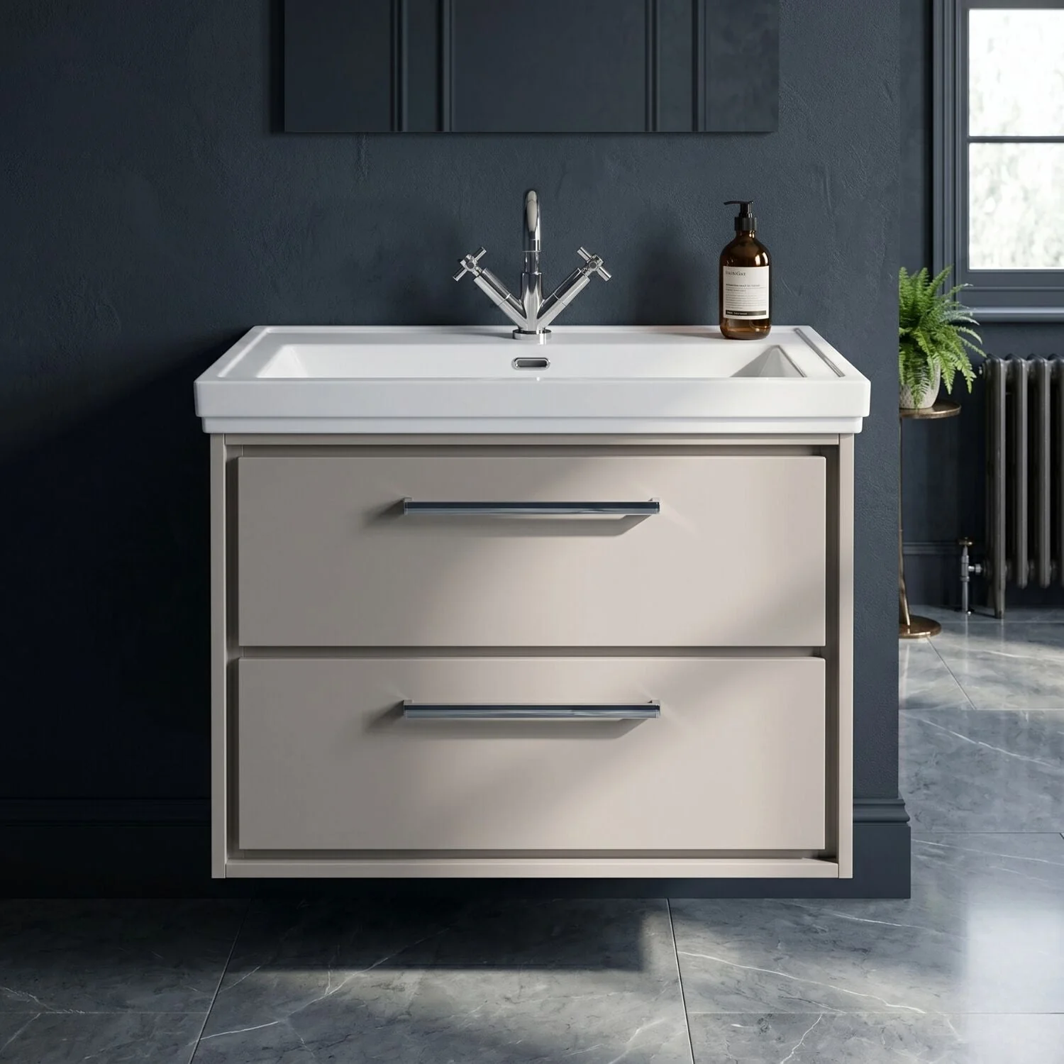 Longnor 2 Drawer Wall Hung Vanity Basin Unit with 1 Tap Hole Traditional Fireclay Basin, Choice of Size and Colour - Image 25