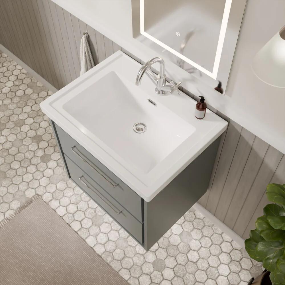 Longnor 2 Drawer Wall Hung Vanity Basin Unit with 1 Tap Hole Traditional Fireclay Basin, Choice of Size and Colour - Image 4