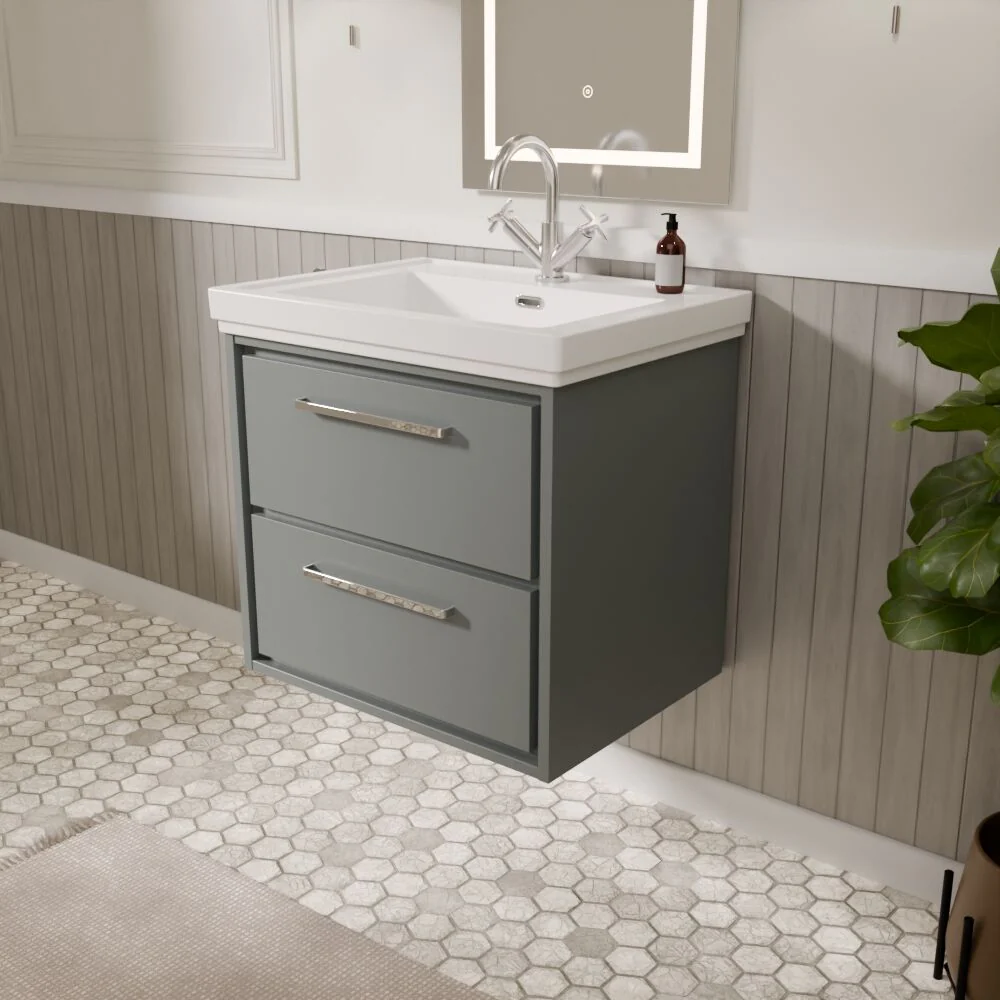 Longnor 2 Drawer Wall Hung Vanity Basin Unit with 1 Tap Hole Traditional Fireclay Basin, Choice of Size and Colour - Image 5