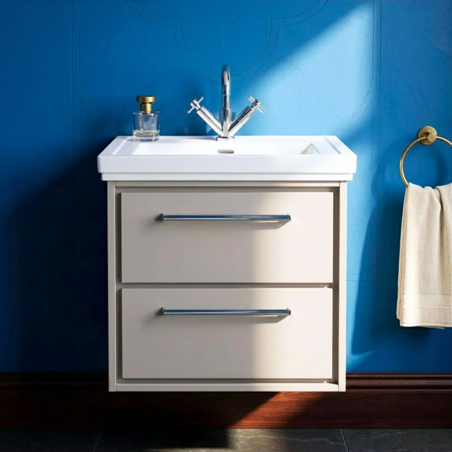 Longnor 2 Drawer Wall Hung Vanity Basin Unit with 1 Tap Hole Traditional Fireclay Basin, Choice of Size and Colour - Image 7