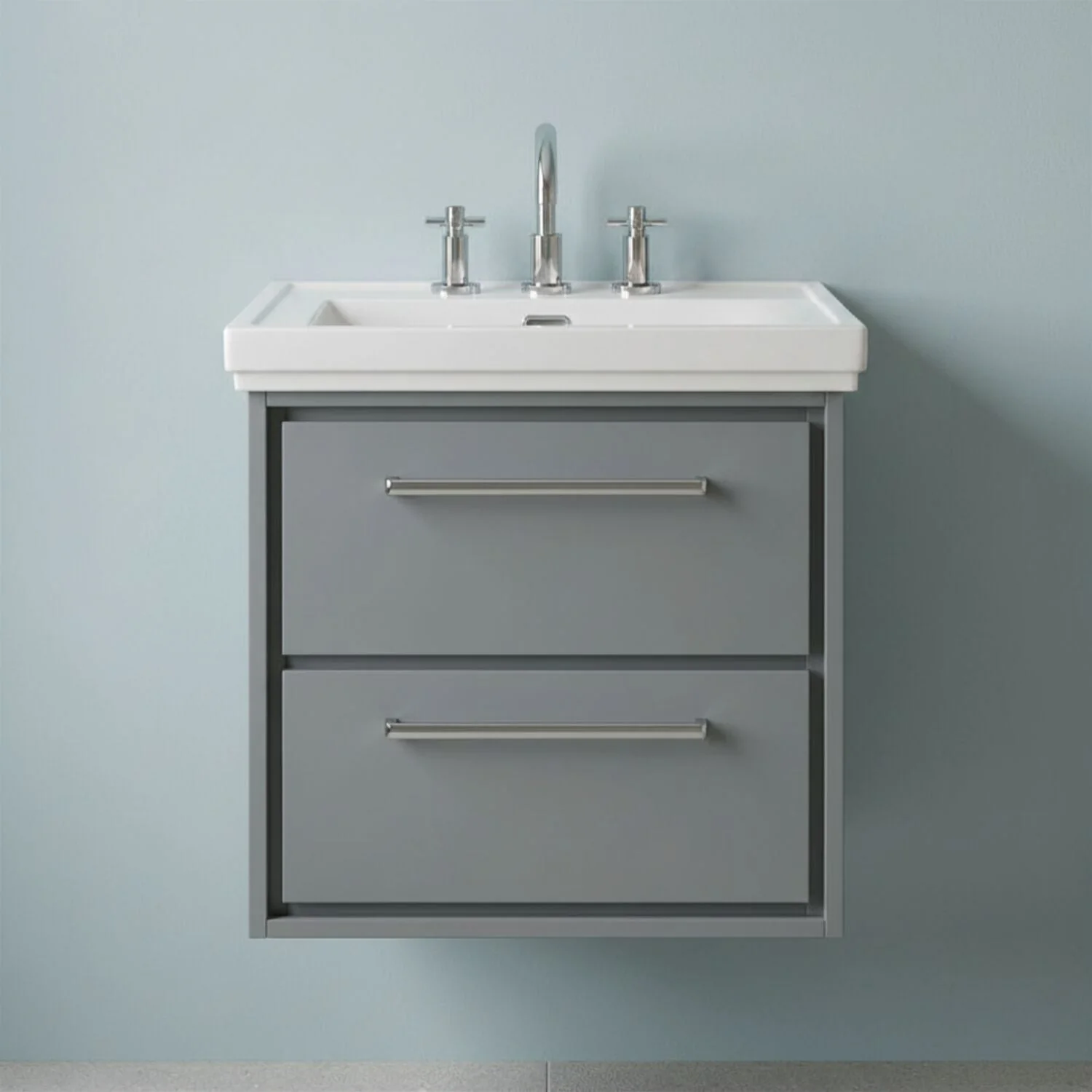 Longnor 2 Drawer Wall Hung Vanity Basin Unit with 3 Tap Hole Traditional Fireclay Basin, Choice of Size and Colour
