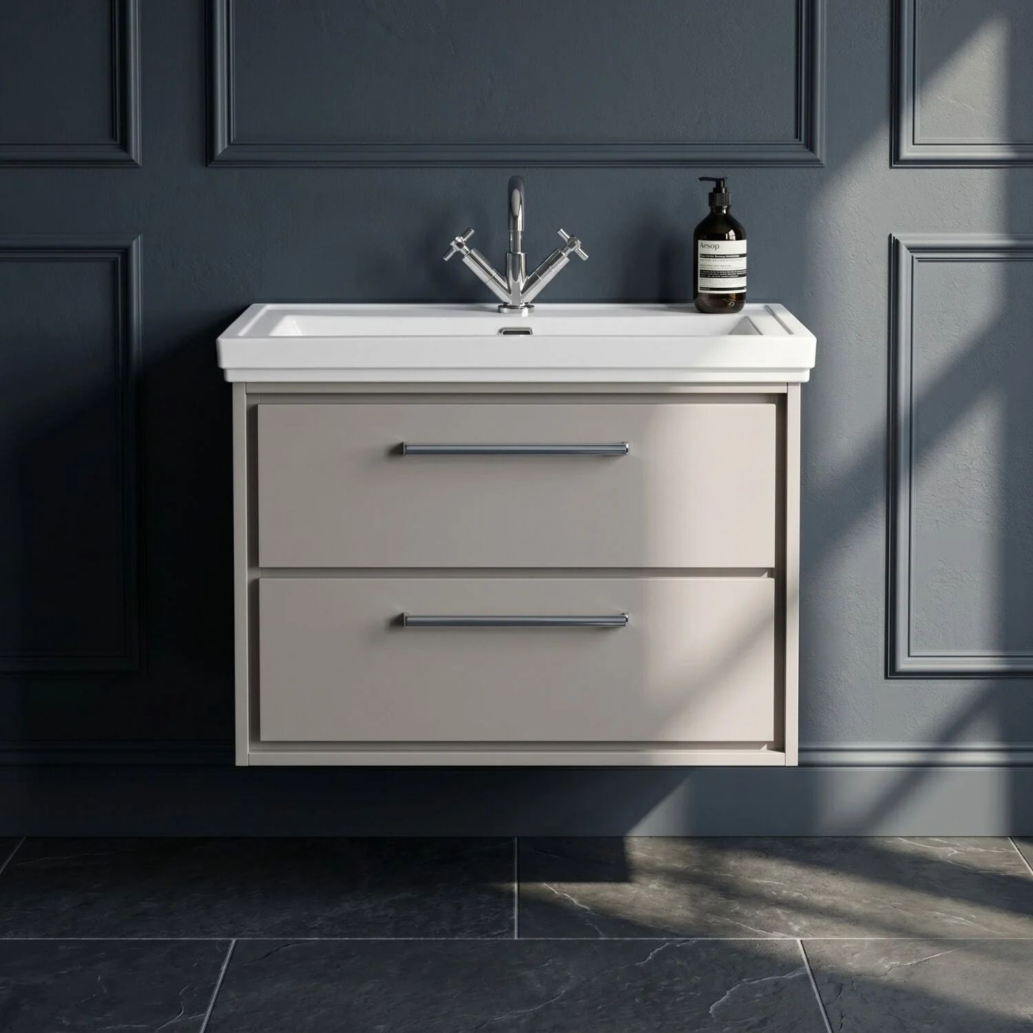 Longnor 2 Drawer Wall Hung Vanity Basin Unit with 3 Tap Hole Traditional Fireclay Basin, Choice of Size and Colour - Image 13